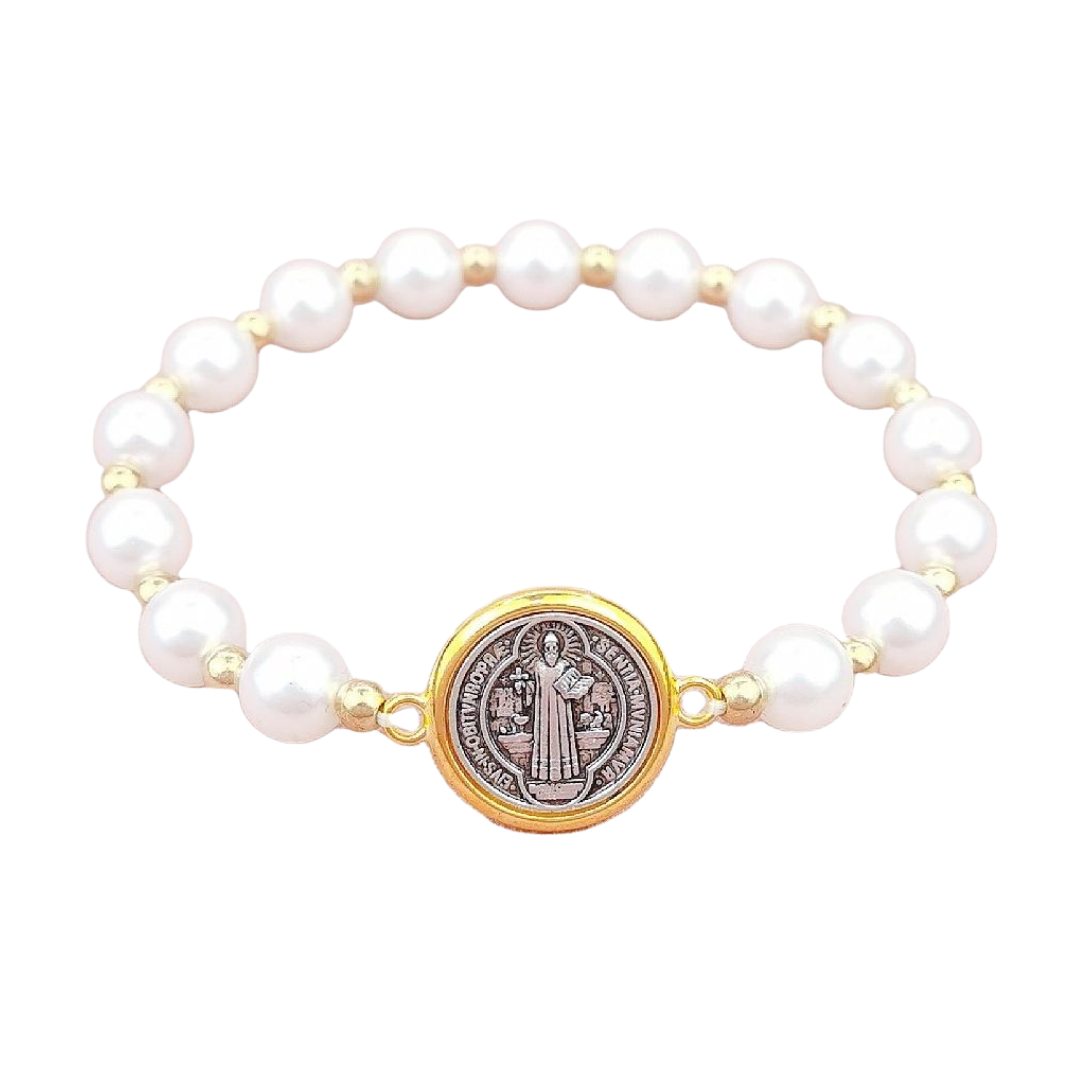 St. Benedict Pearl Stretch Rosary Bracelet