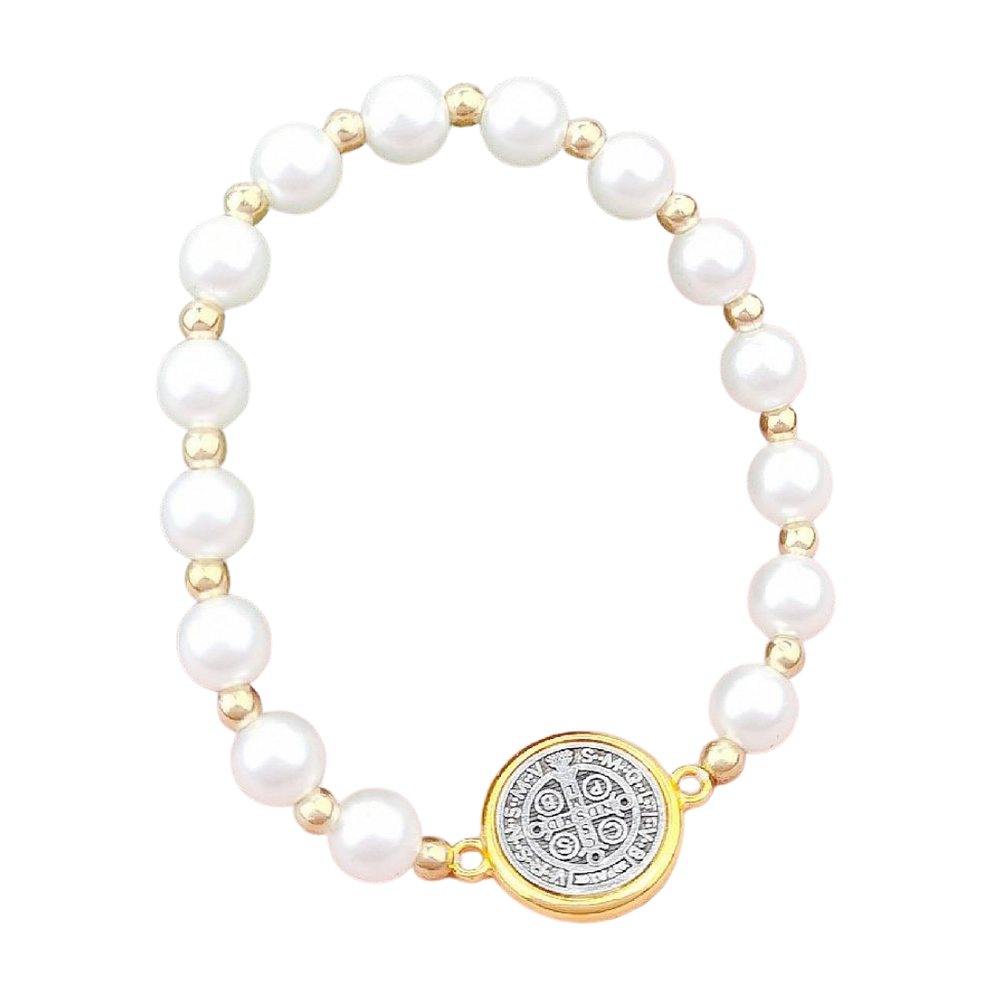 St. Benedict Pearl Stretch Rosary Bracelet