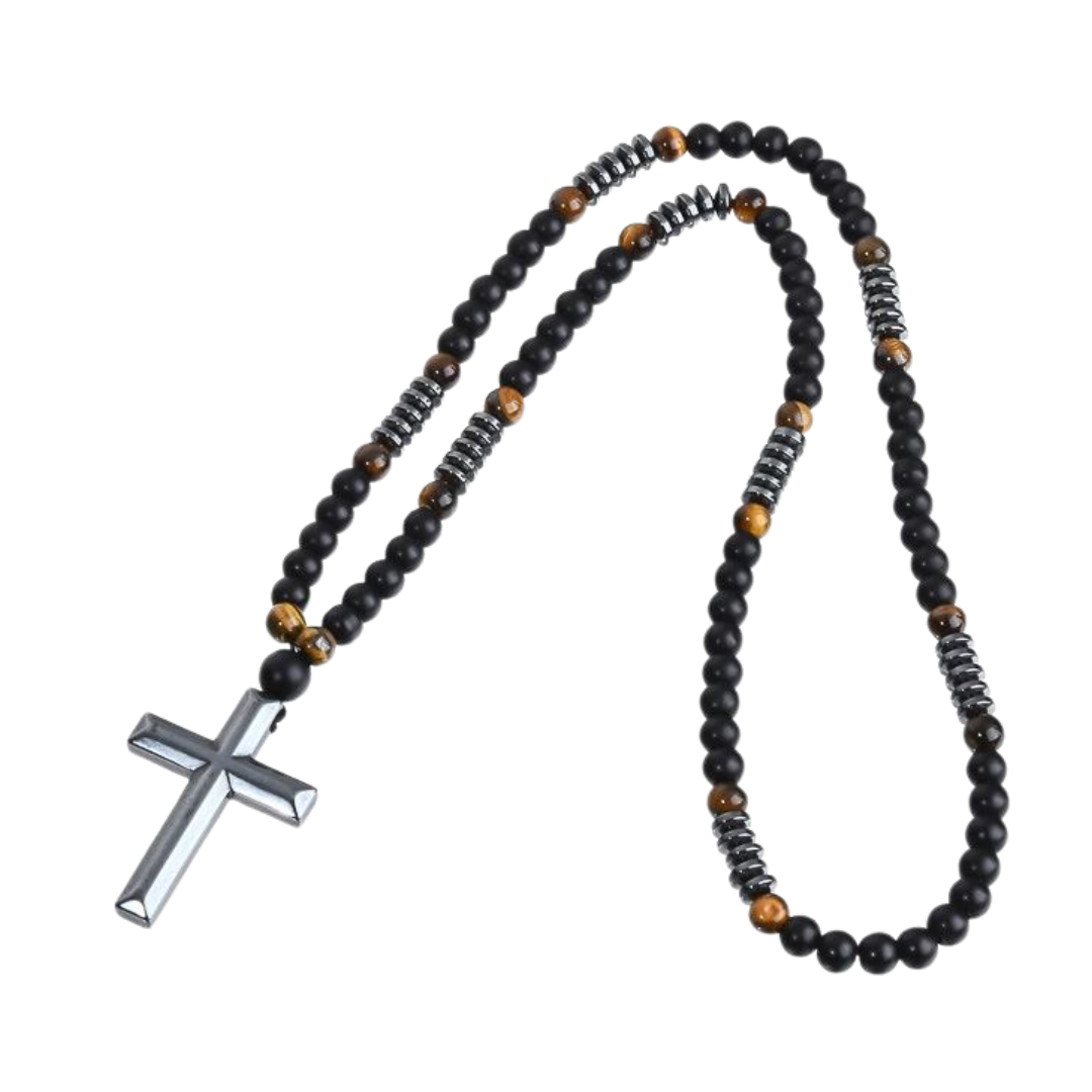 Obsidian and Tiger Eye, Beaded Crucifix Necklace – 8mm Natural Stone Beads