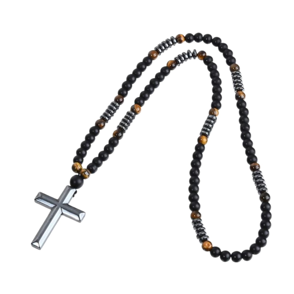 Obsidian and Tiger Eye, Beaded Crucifix Necklace – 8mm Natural Stone Beads
