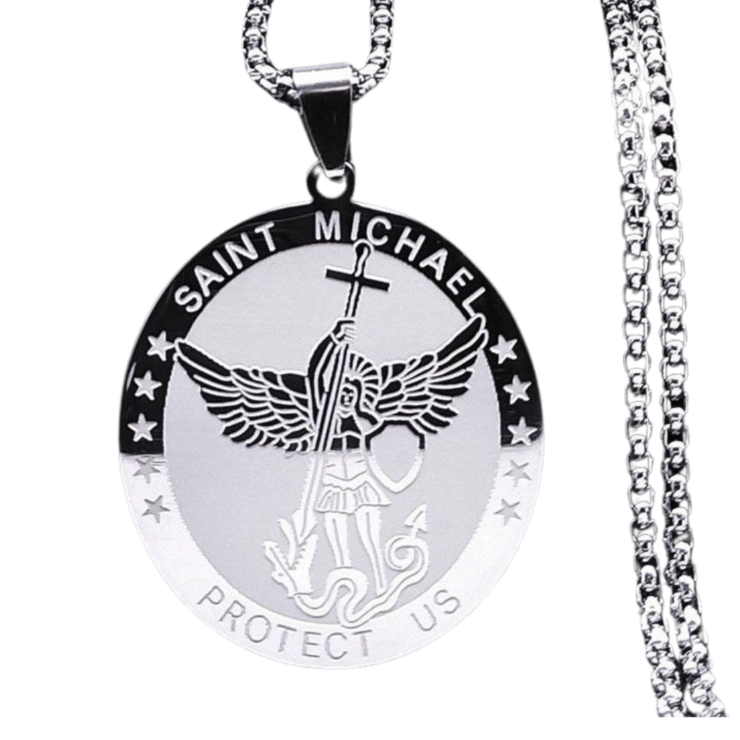 Saint Michael Protection Medal Necklace – Stainless Steel with Silver Plating (60cm chain)