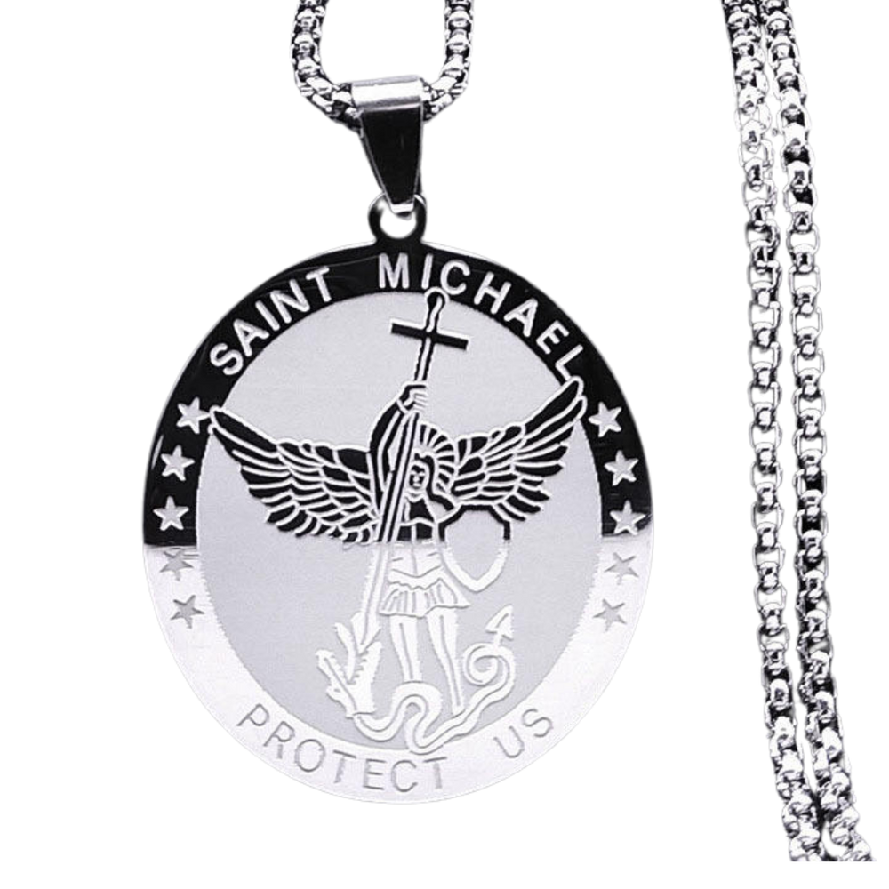 Saint Michael Protection Medal Necklace – Stainless Steel with Silver Plating (60cm chain)