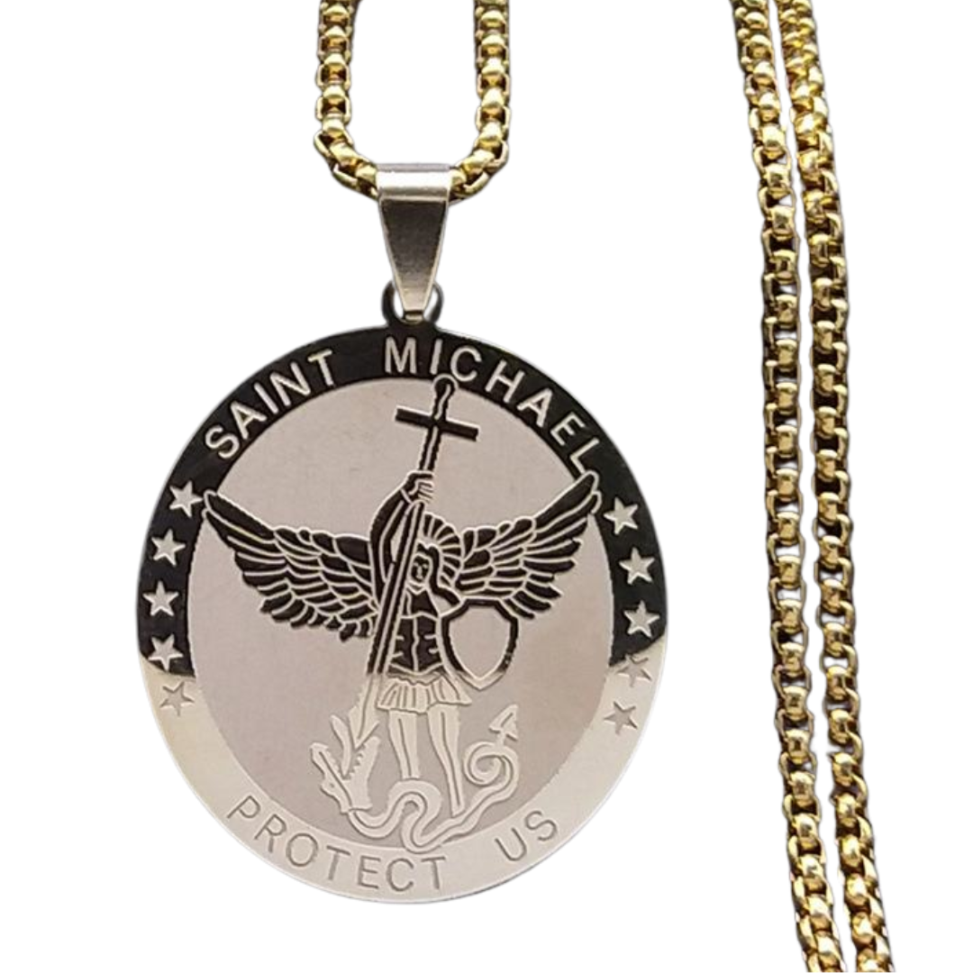Saint Michael Protection Medal Necklace – Stainless steel with Gold Plating (60cm chain)