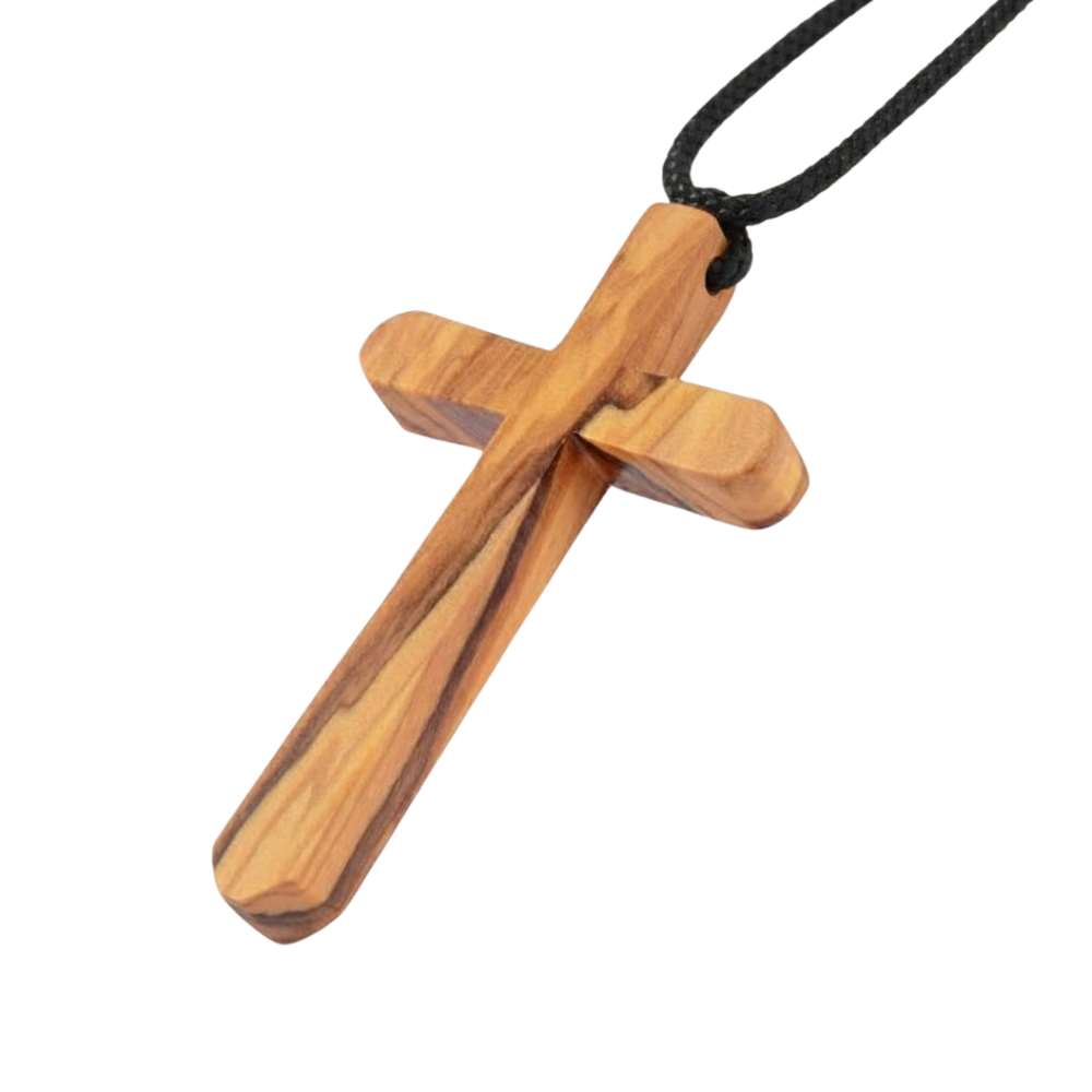 Olive Wood Crucifix Pendant Necklace – Natural Wood with Black Rope (80 cm)