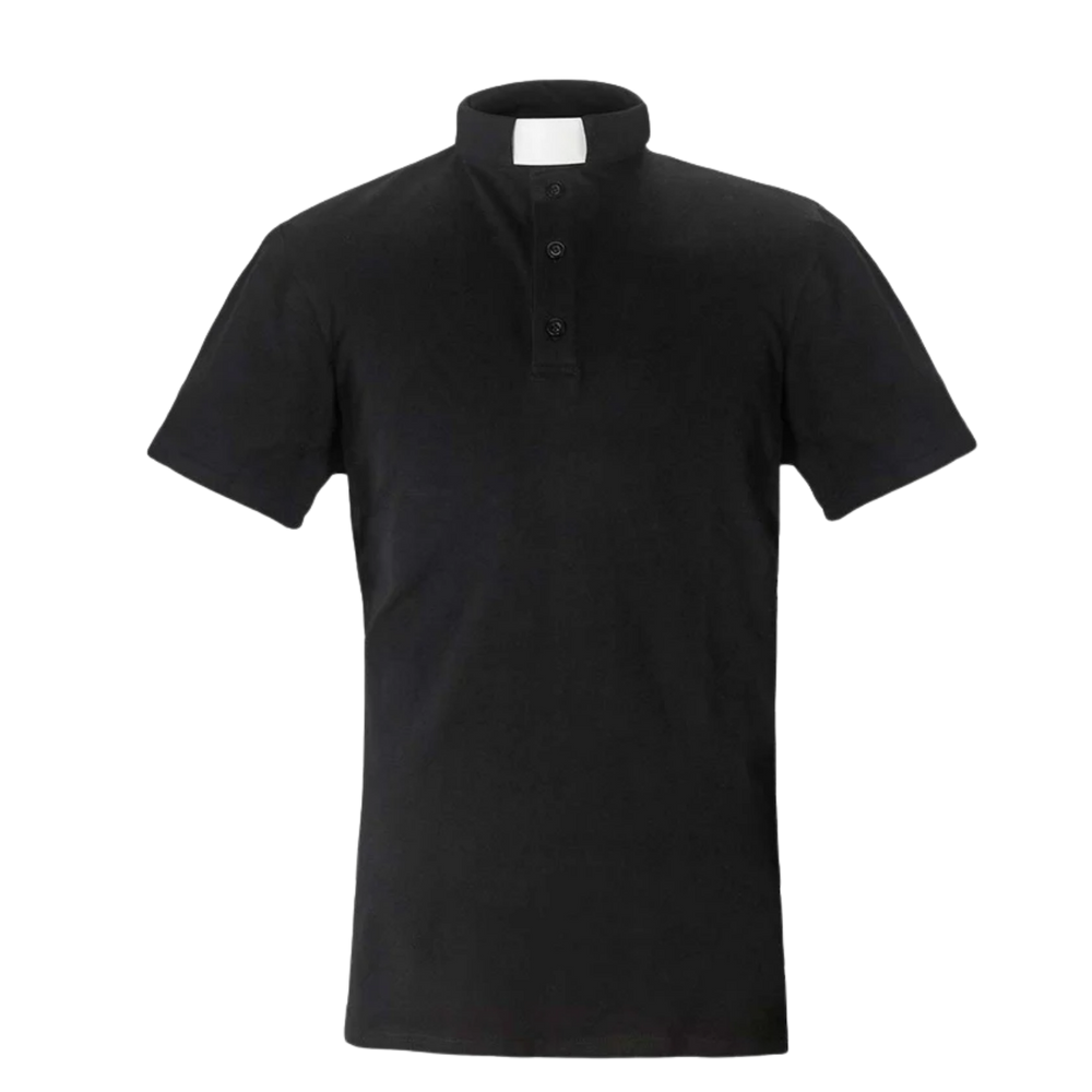 Men’s Short Sleeve Tab Collar Clergy Polo Shirt – Black (100% Cotton)