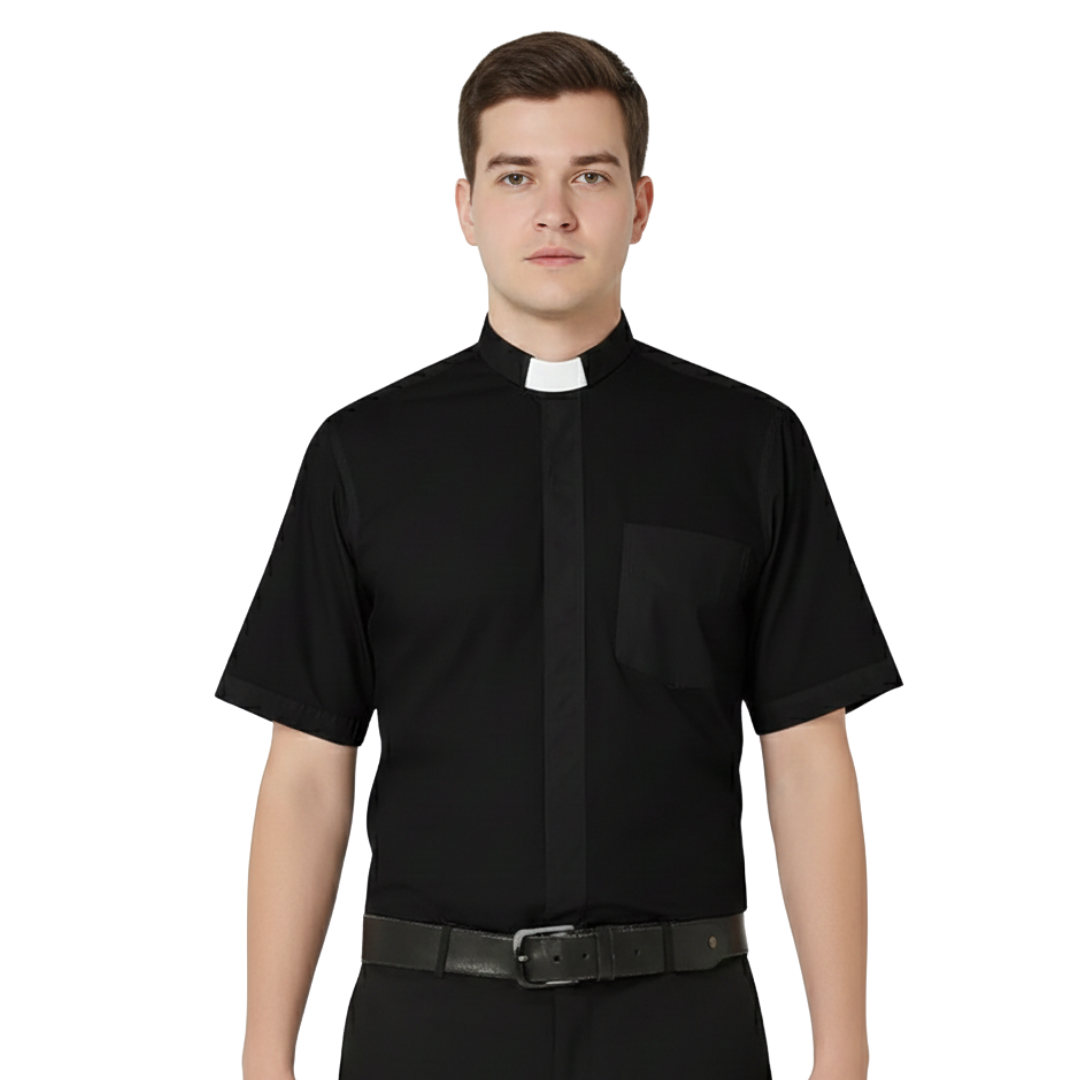 Men’s Short Sleeve Tab Collar Clergy Shirt – Black (100% Cotton)