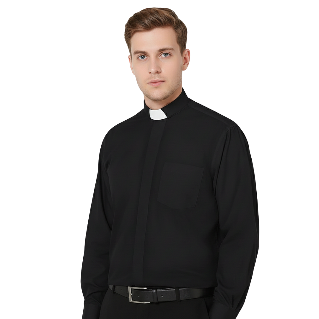 Men’s Long Sleeve Tab Collar Clergy Shirt – Black (100% Cotton)
