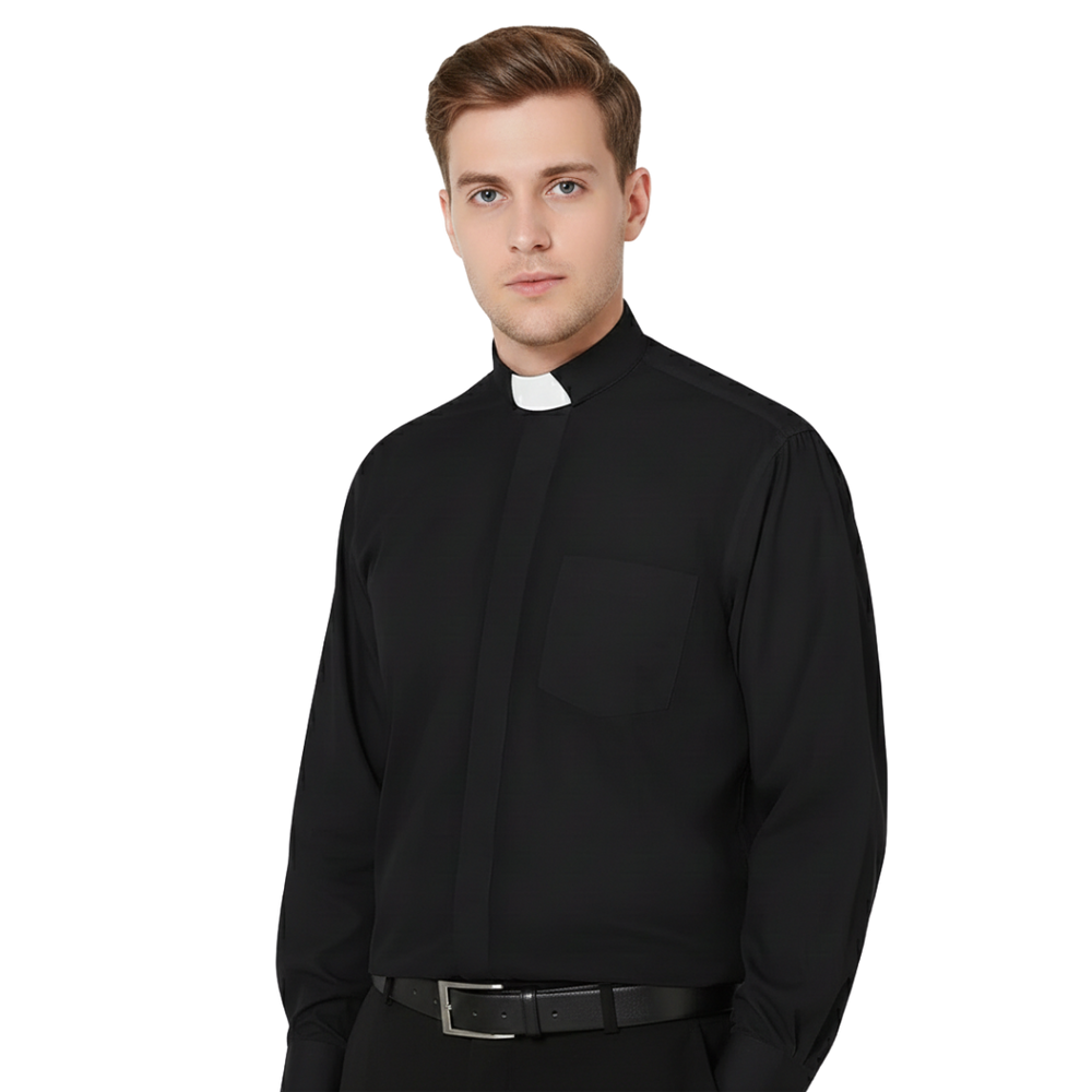 Men’s Long Sleeve Tab Collar Clergy Shirt – Black (100% Cotton)