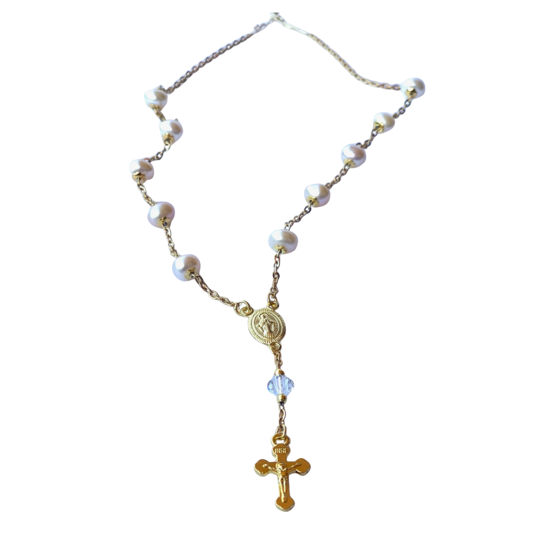 Freshwater Pearl & Swarovski Crystal Necklace with Miraculous Medal – Australian Made (28cm Length)