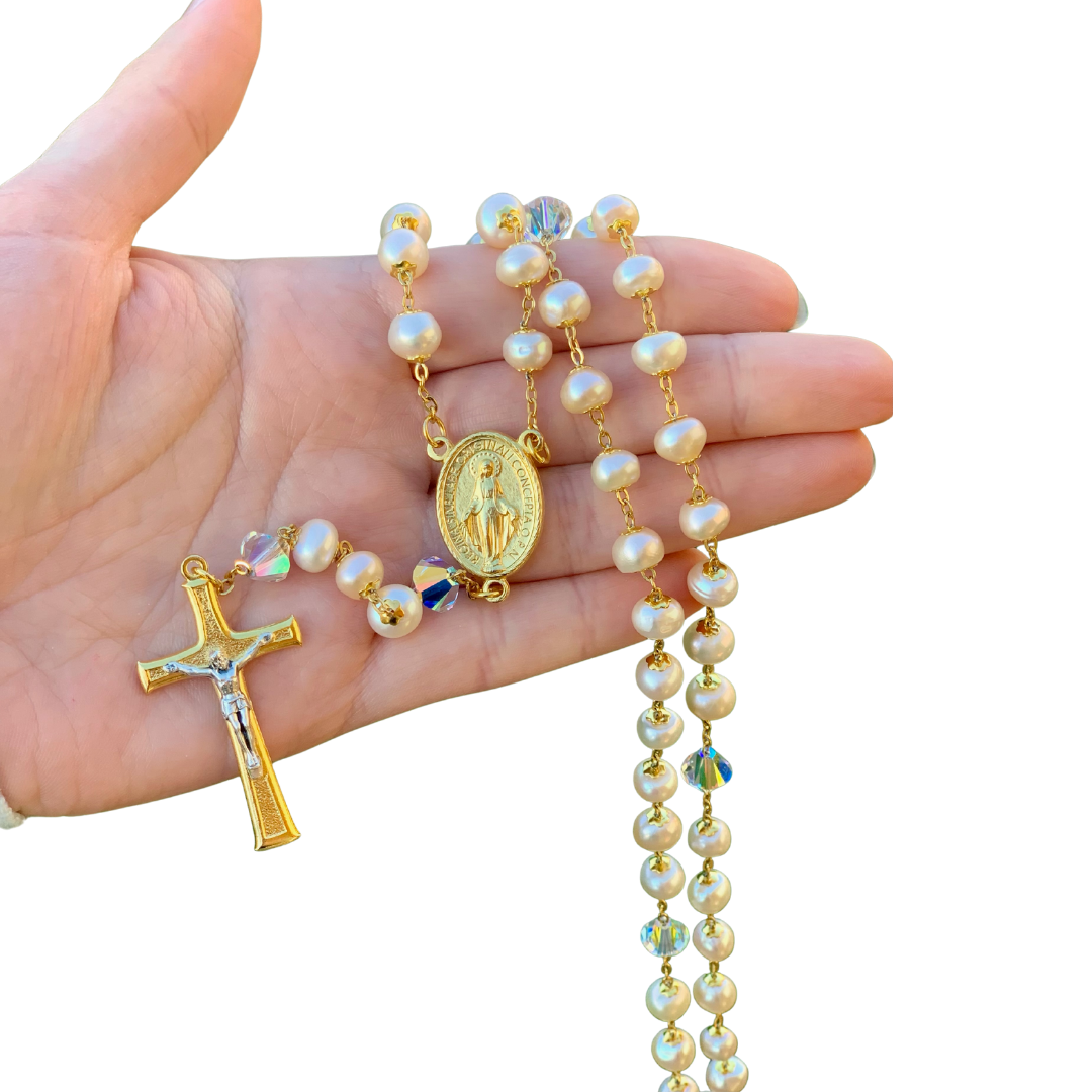 Freshwater Pearl & Swarovski Crystal Necklace with Miraculous Medal – Australian Made (28cm Length)