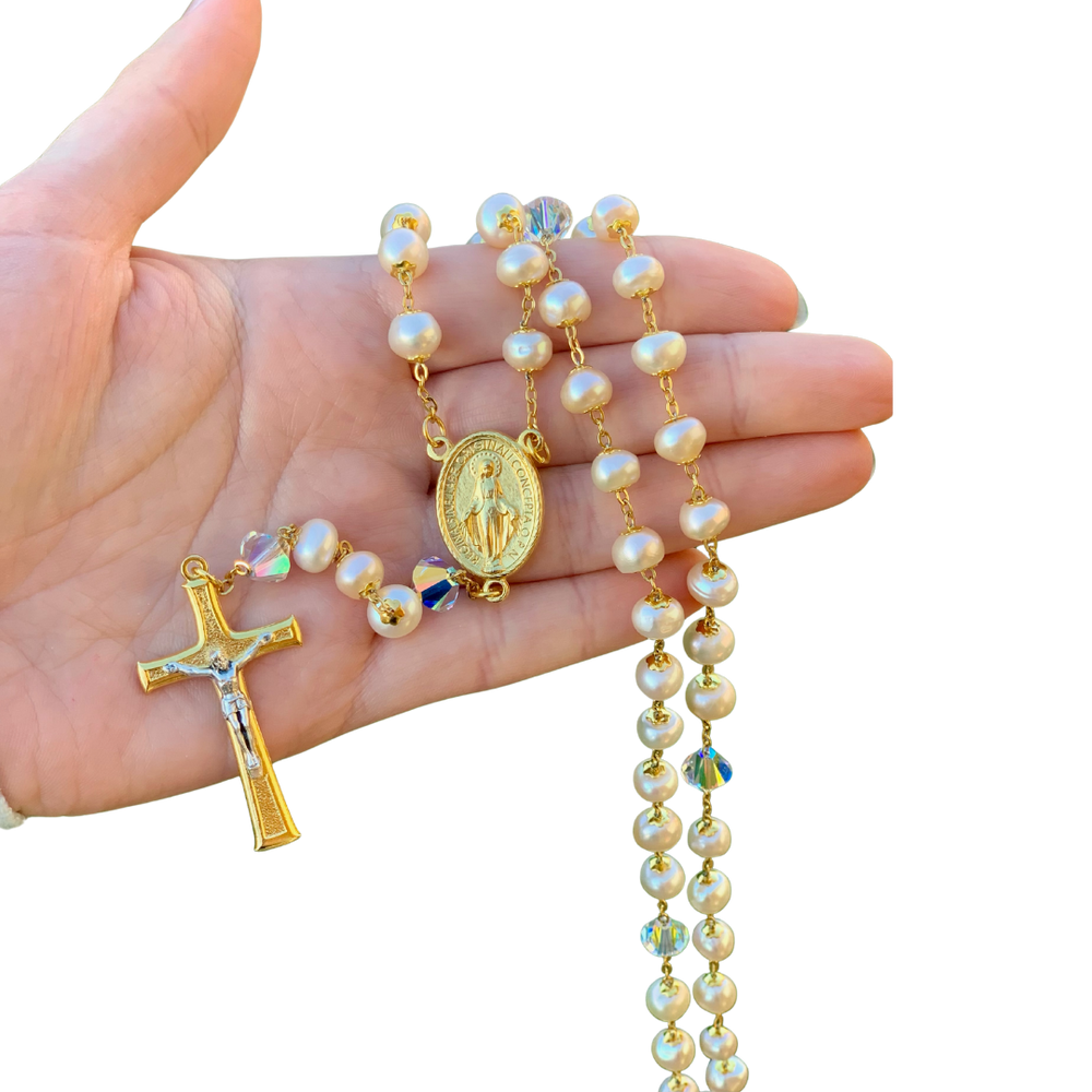Freshwater Pearl & Swarovski Crystal Rosary with Miraculous Medal – Australian Made (50cm Length)