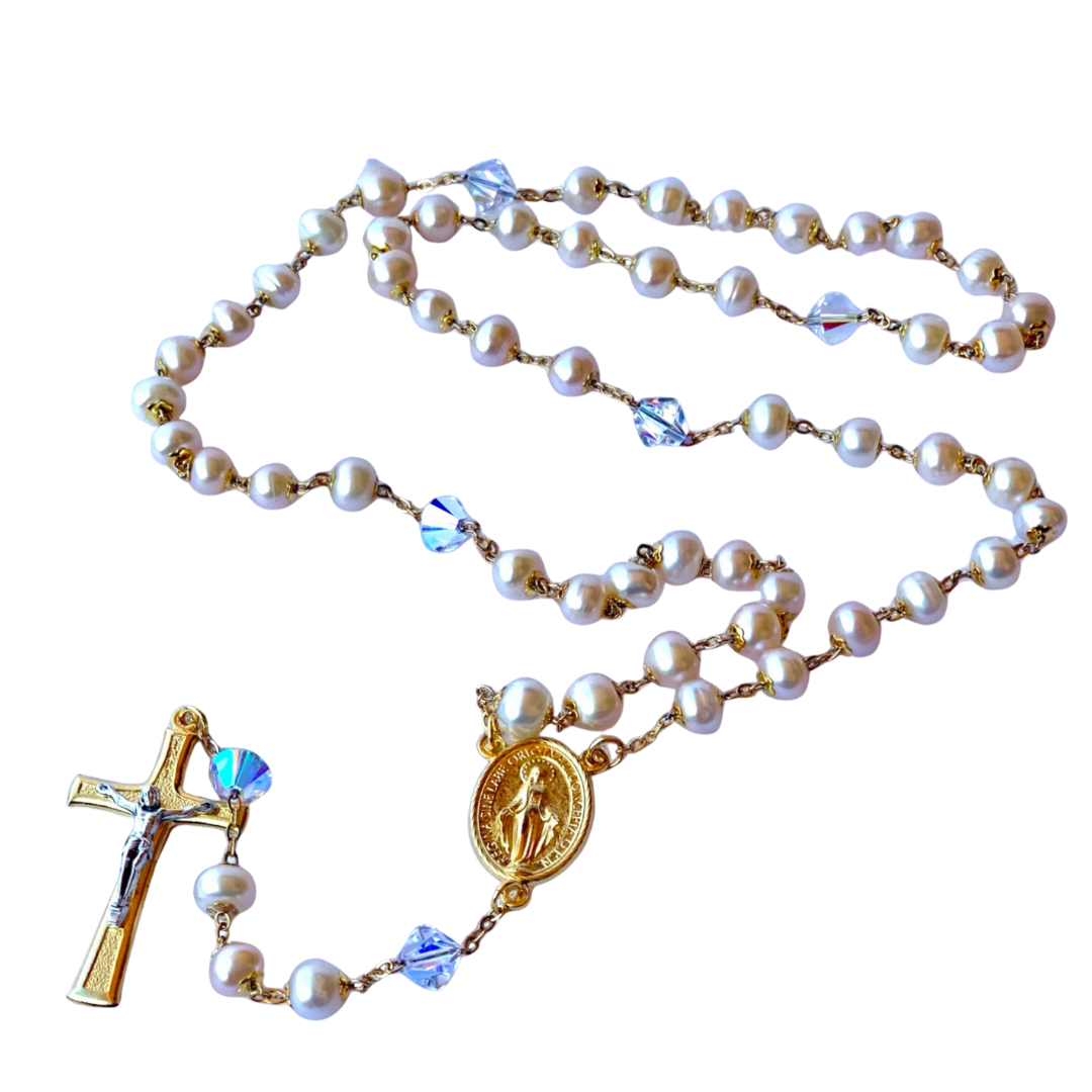 Freshwater Pearl & Swarovski Crystal Necklace with Miraculous Medal – Australian Made (28cm Length)
