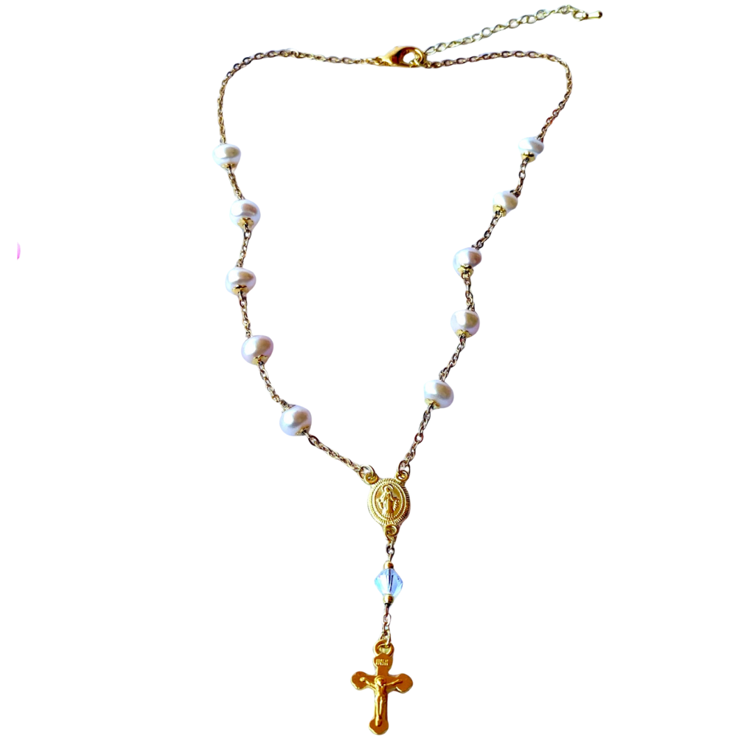 Freshwater Pearl & Swarovski Crystal Necklace with Miraculous Medal – Australian Made (28cm Length)