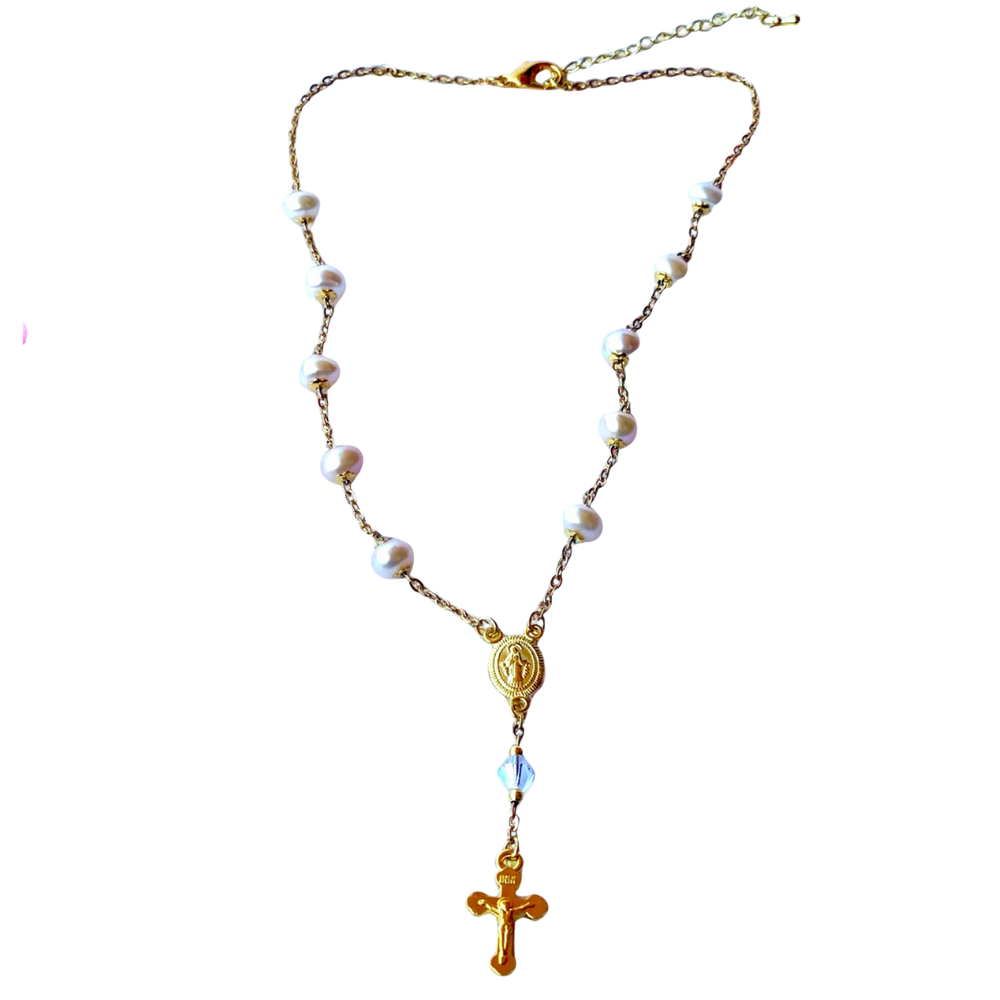 Freshwater Pearl & Swarovski Crystal Necklace with Miraculous Medal – Australian Made (28cm Length)