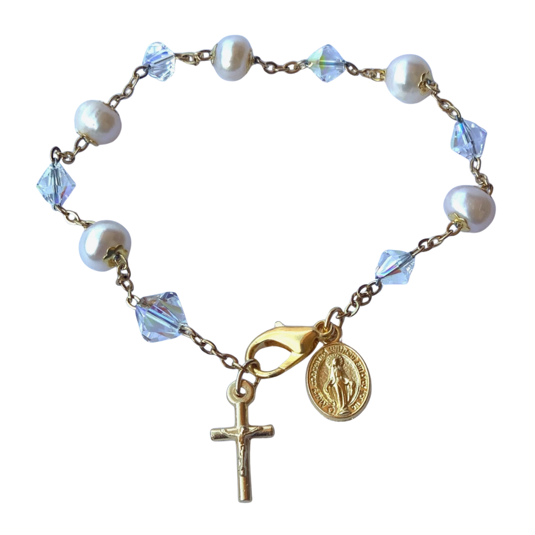 Freshwater Pearl & Swarovski Crystal Bracelet with Crucifix – Australian Made