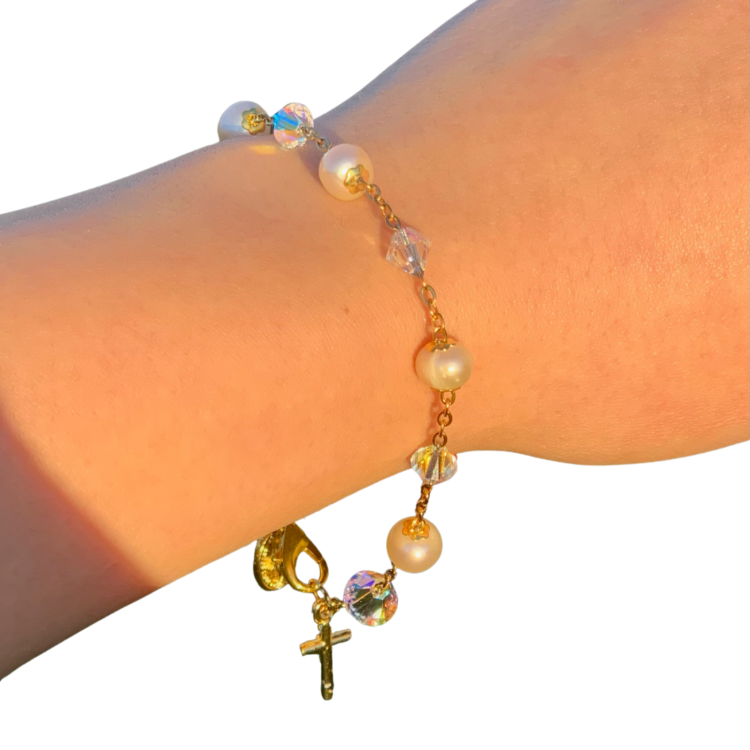 Freshwater Pearl & Swarovski Crystal Bracelet with Crucifix – Australian Made