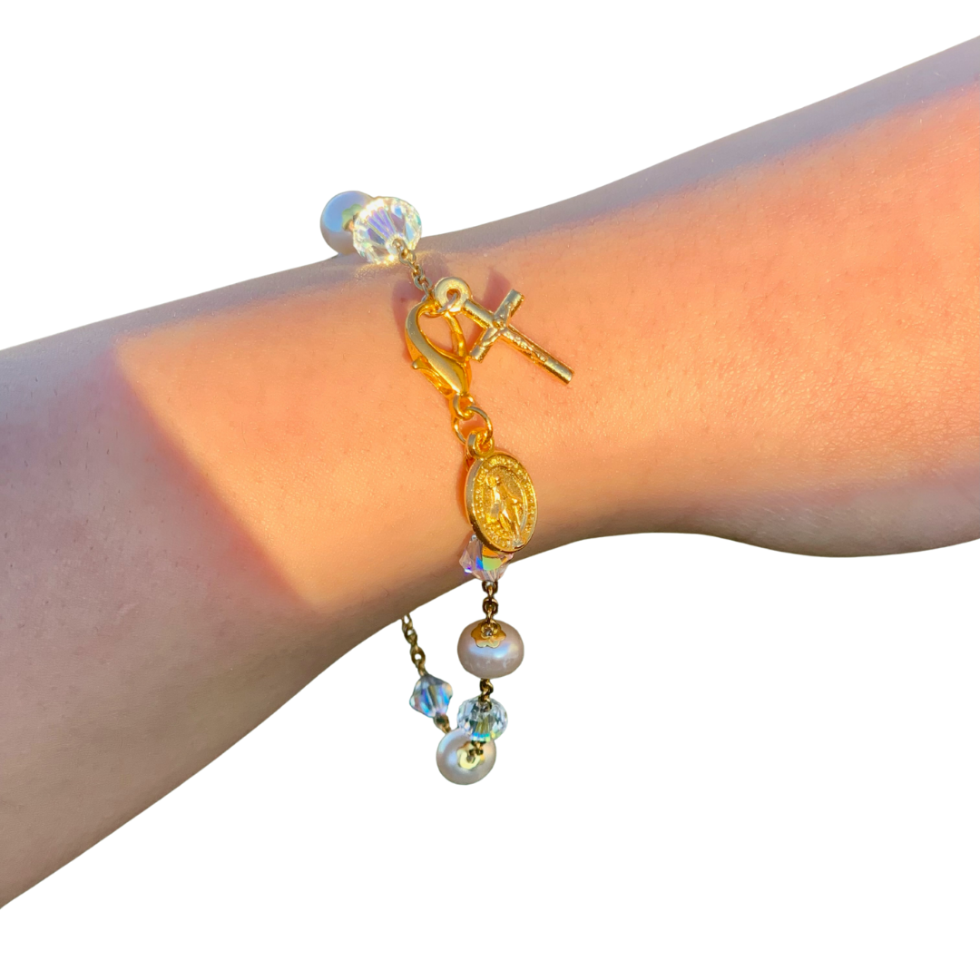 Freshwater Pearl & Swarovski Crystal Bracelet with Crucifix – Australian Made