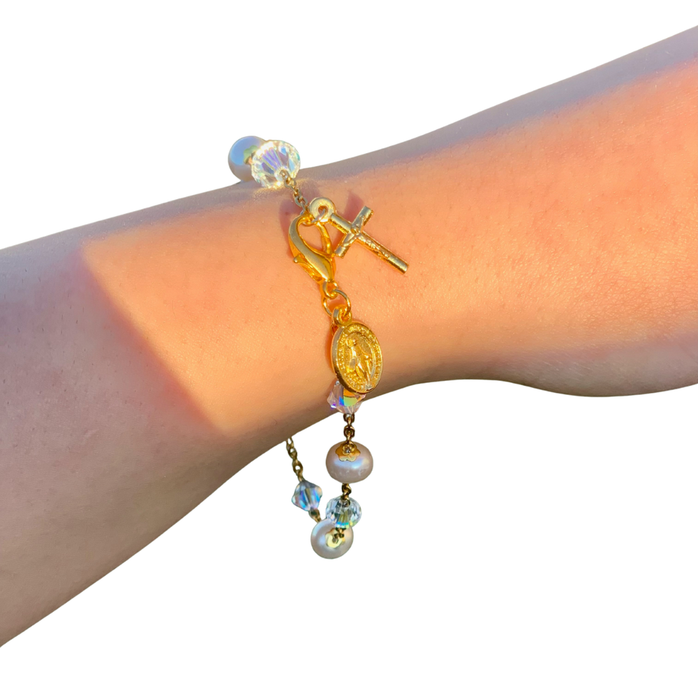 Freshwater Pearl & Swarovski Crystal Bracelet with Crucifix – Australian Made
