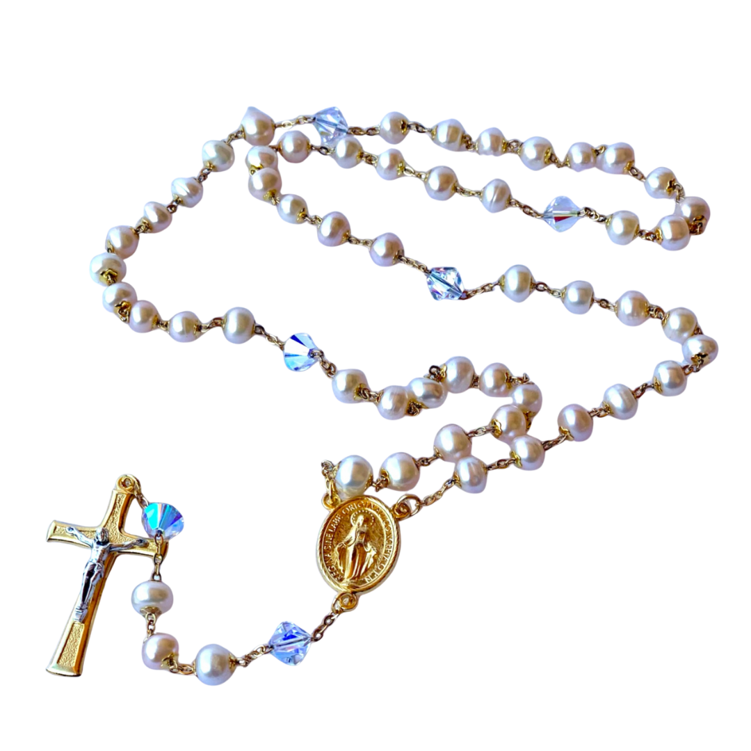 Freshwater Pearl & Swarovski Crystal Rosary with Miraculous Medal – Australian Made (50cm Length)