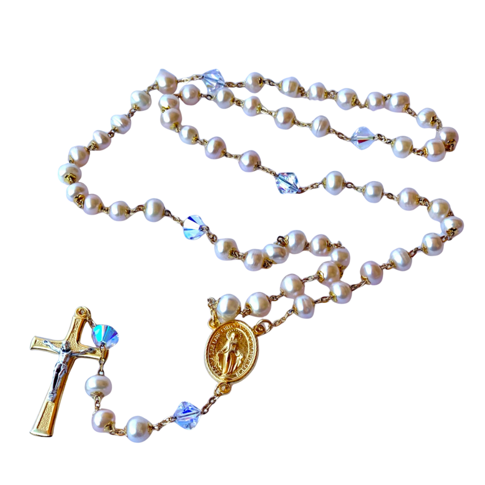 Freshwater Pearl & Swarovski Crystal Rosary with Miraculous Medal – Australian Made (50cm Length)