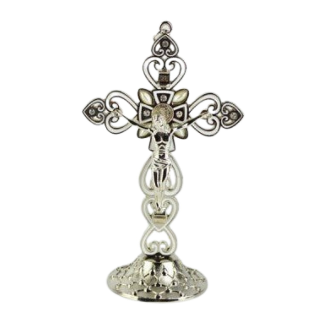 Metal Silver Crucifix with Stand - 15.5 cm Height