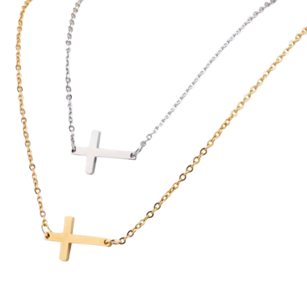 Stainless Steel Sideways Cross Pendant Necklace – 45cm Length (Gold, Rose gold and Silver)