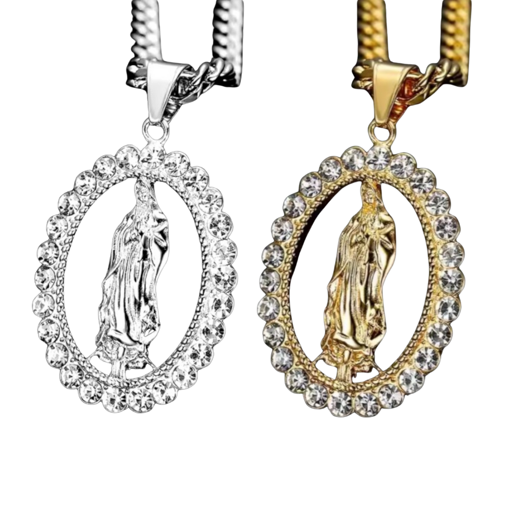 Our Lady Pendant Necklace - Gold Plated and Silver (60cm Length)