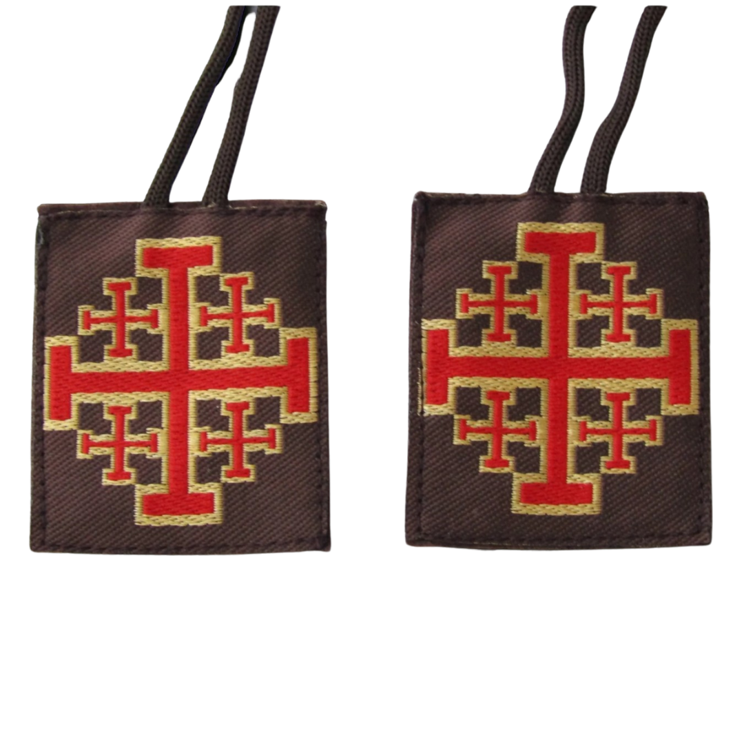 Jerusalem Cross Scapular – Brown with Red & Gold Cross with Wool Back (5.5 cm Height)
