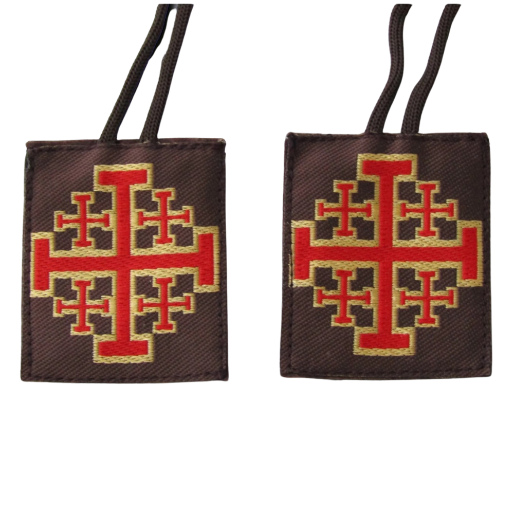 Jerusalem Cross Scapular – Brown with Red & Gold Cross with Wool Back (5.5 cm Height)