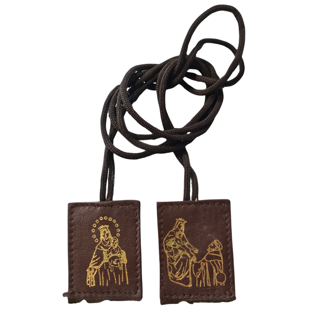 Our Lady of Mt. Carmel Leather Scapular – Brown with Wool Back (5 cm Height | 4 cm Width)