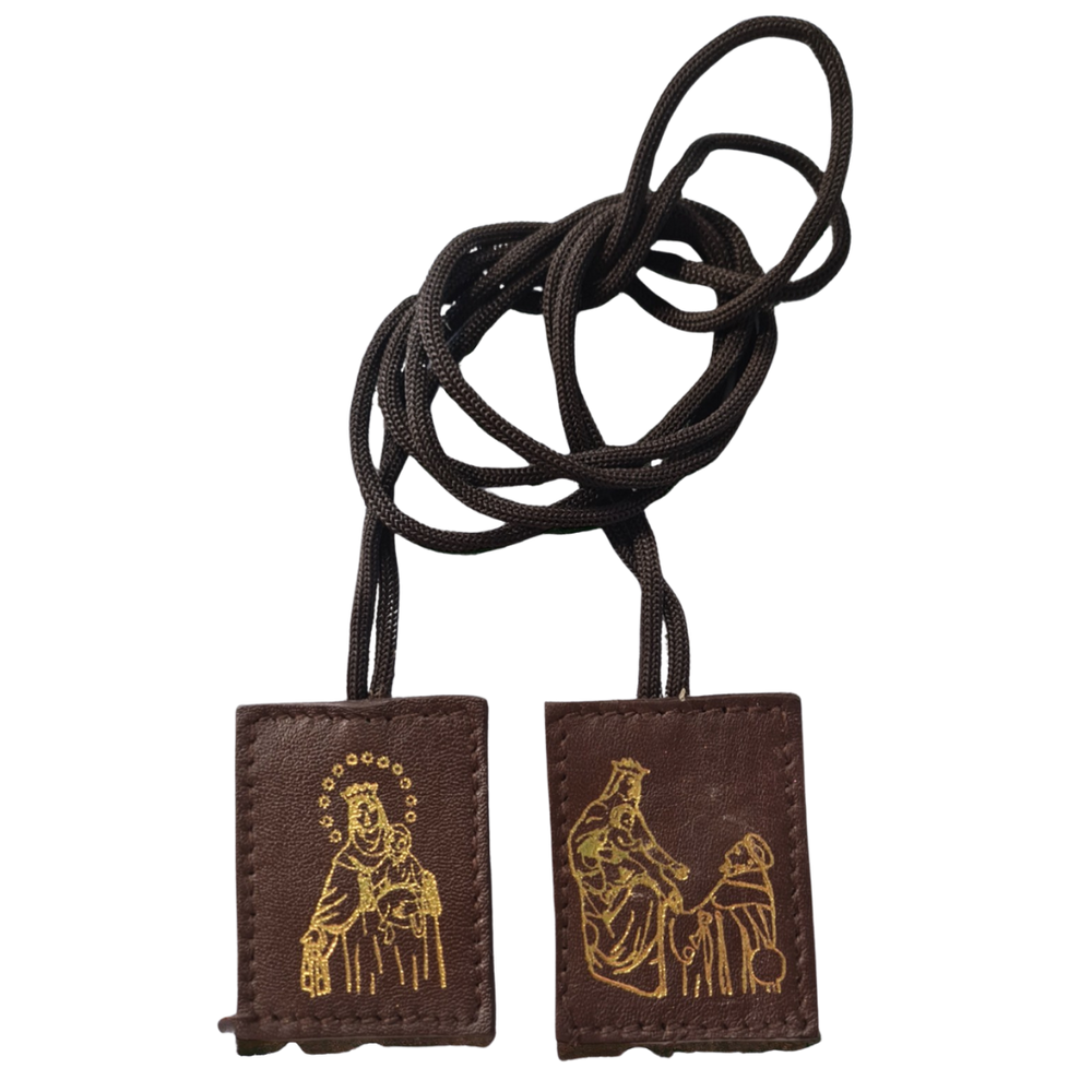 Our Lady of Mt. Carmel Leather Scapular – Brown with Wool Back (5 cm Height | 4 cm Width)