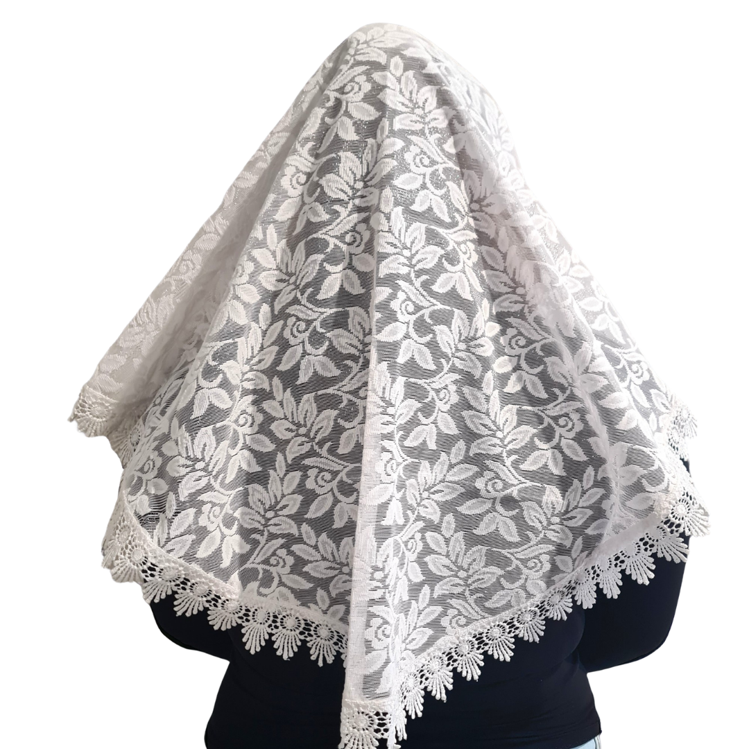 Mantilla with Lace Trim – White (101.5 cm Length x 66 cm Width) - 100% Polyester