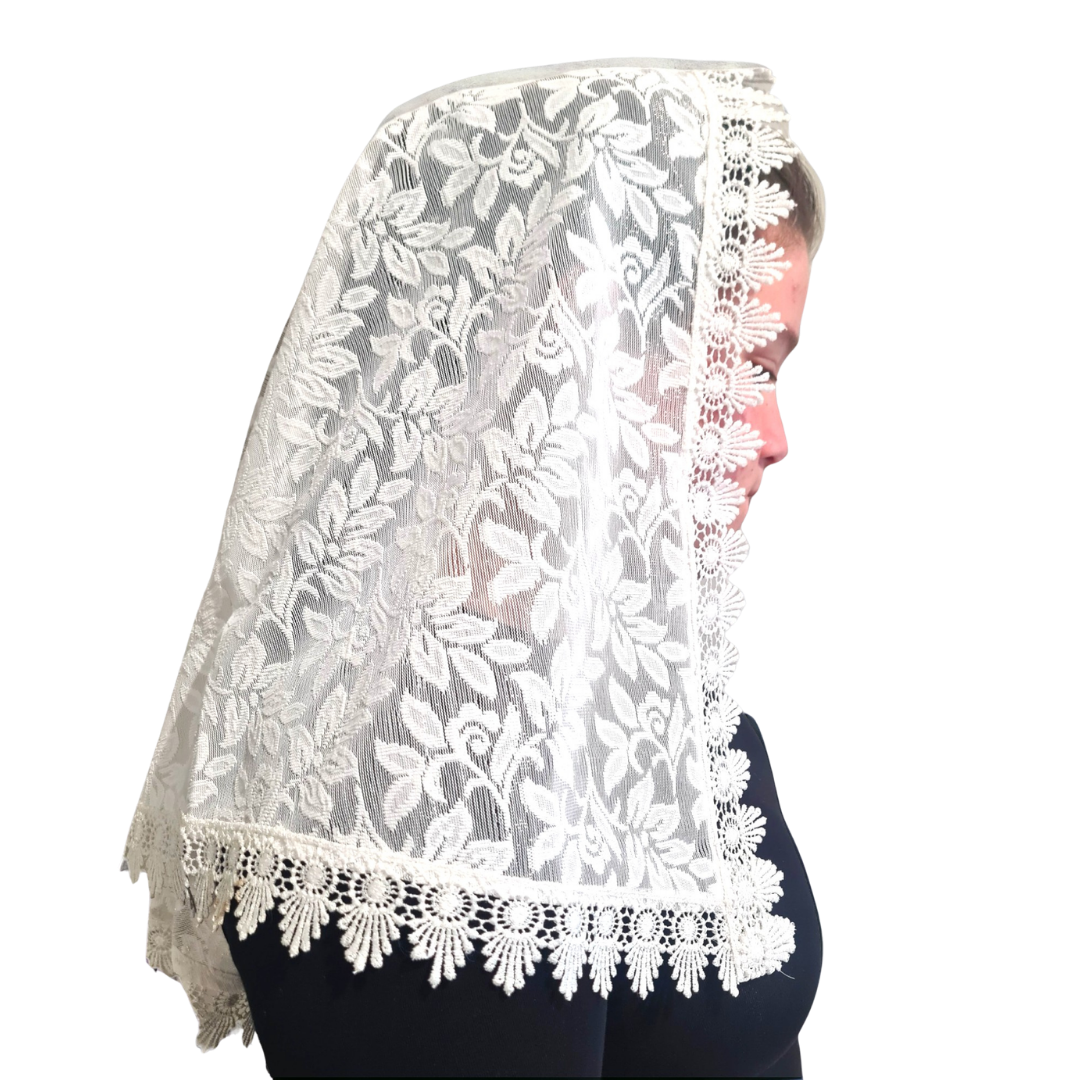 Mantilla with Lace Trim – White (101.5 cm Length x 66 cm Width) - 100% Polyester
