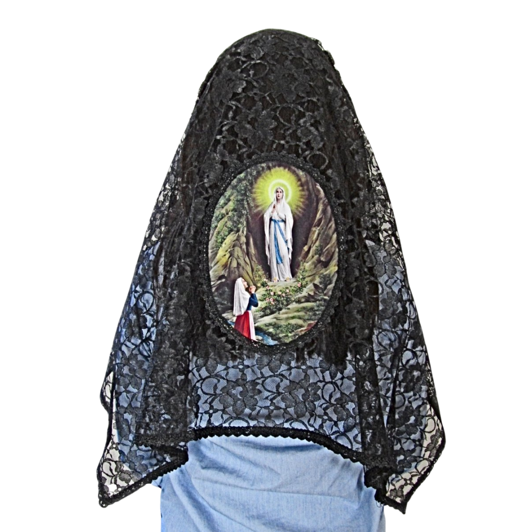 Our Lady of Lourdes Mantilla – Black Lace (100 cm Length x 61 cm Width) - 100% Polyester