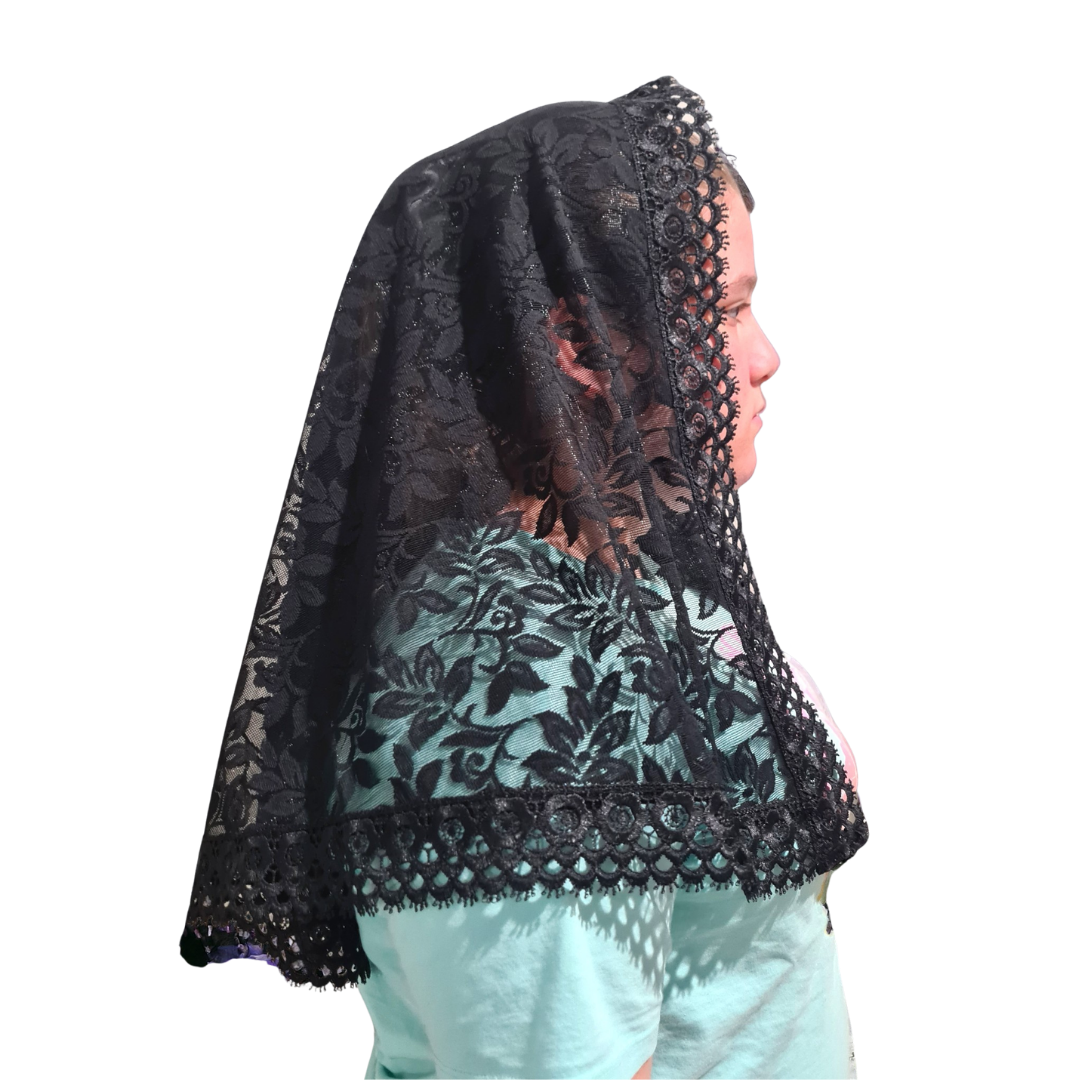 Mantilla with Lace Trim – Black (101.5 cm Length x 66 cm Width) - 100% Polyester