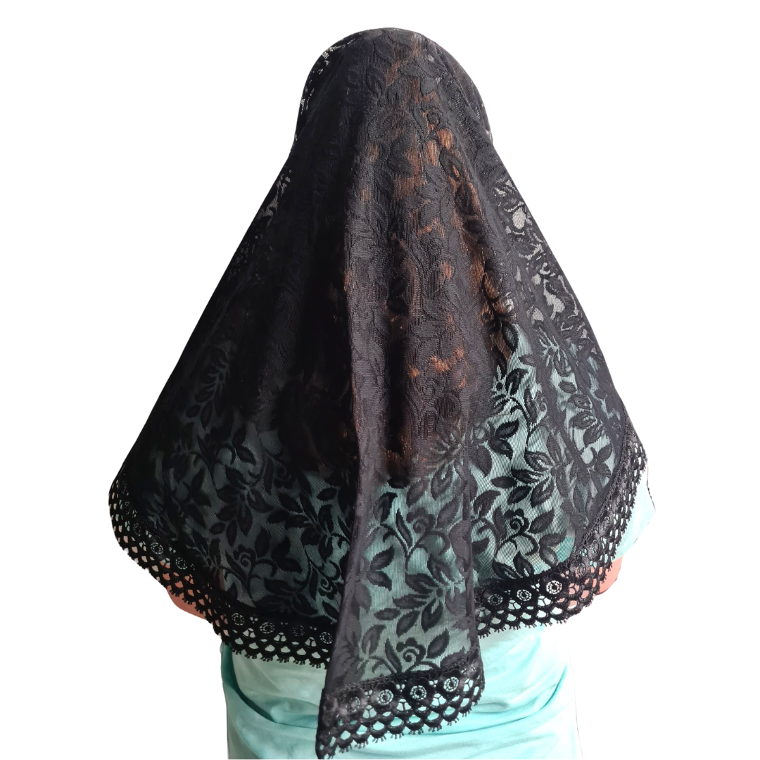 Mantilla with Lace Trim – Black (101.5 cm Length x 66 cm Width) - 100% Polyester