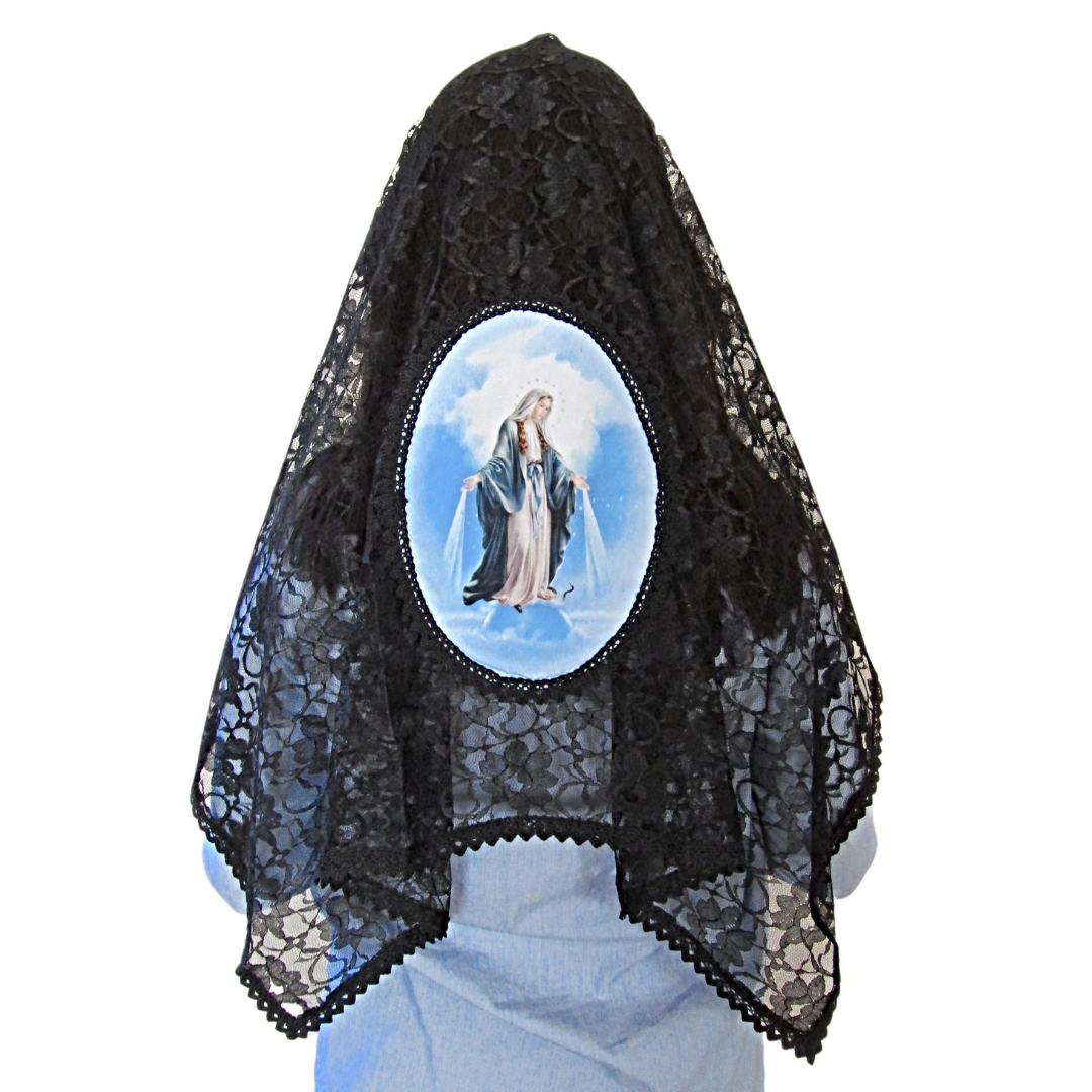 Our Lady of Grace Mantilla – Black Lace (101 cm Length x 61 cm Width) - 100% Polyester