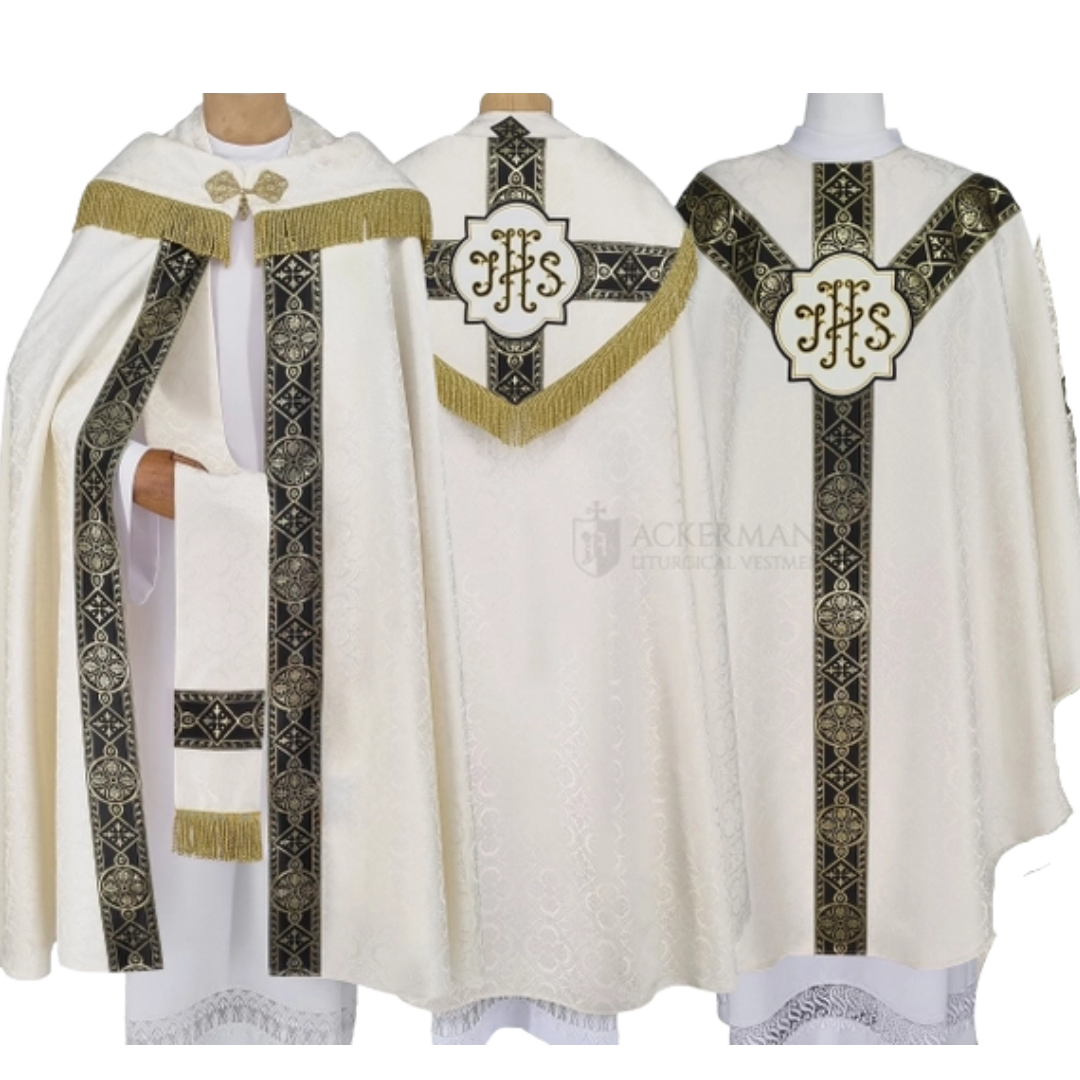 Funeral Vestment Set – Cope, Chasuble & Funeral Pall (Cream with Woven Orphreys)