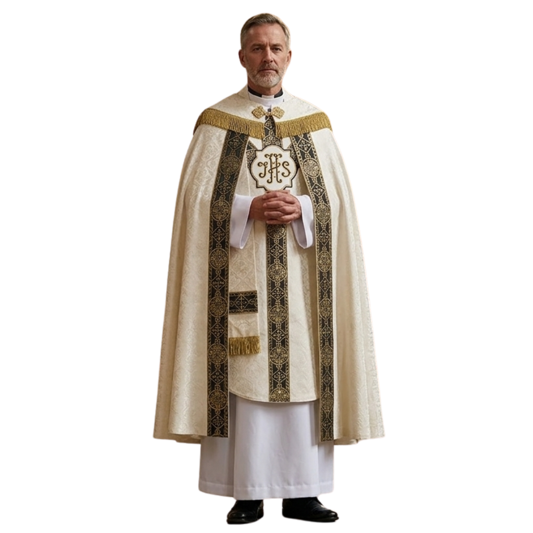 Funeral Vestment Set – Cope, Chasuble & Funeral Pall (Cream with Woven Orphreys)