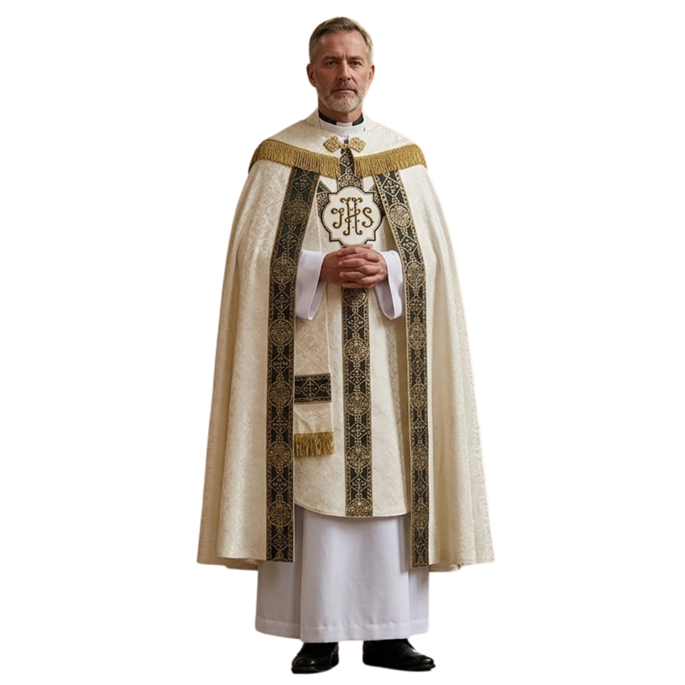 Funeral Vestment Set – Cope, Chasuble & Funeral Pall (Cream with Woven Orphreys)