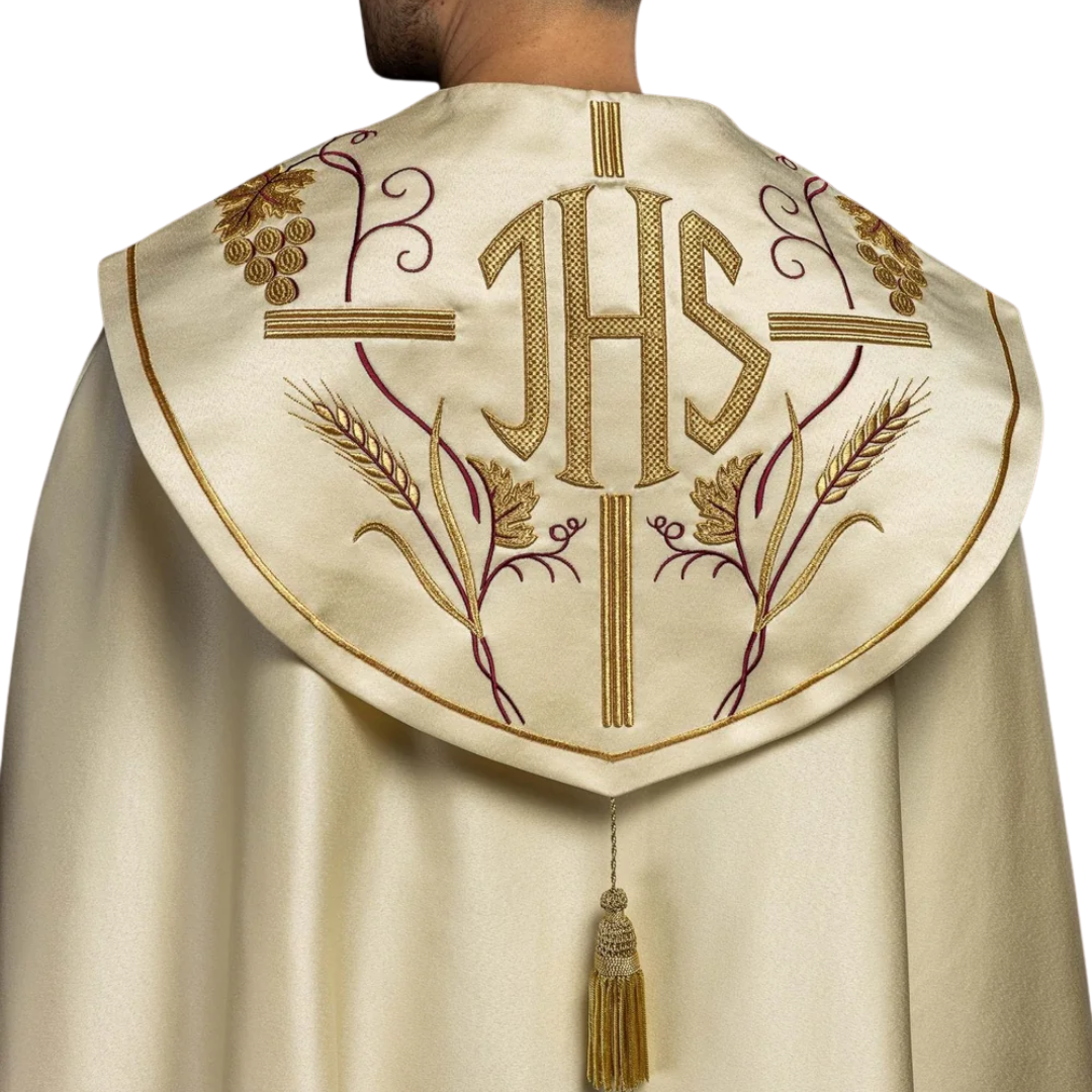 Cream Gothic Cope – IHS Embroidery (Lightweight Fabric | Includes Priest Stole)