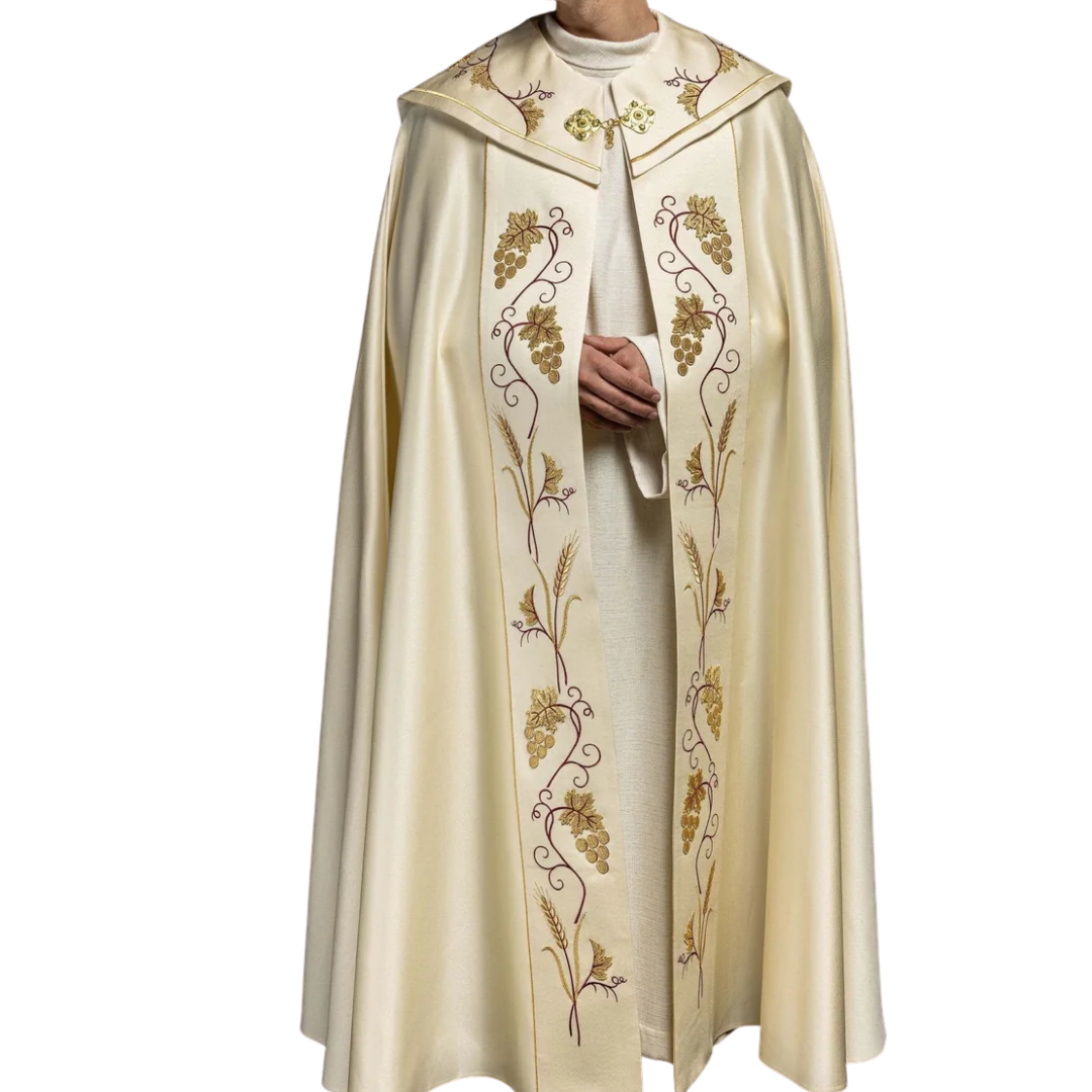 Cream Gothic Cope – IHS Embroidery (Lightweight Fabric | Includes Priest Stole)