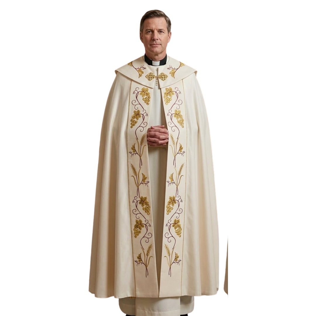 Cream Gothic Cope – IHS Embroidery (Lightweight Fabric | Includes Priest Stole)