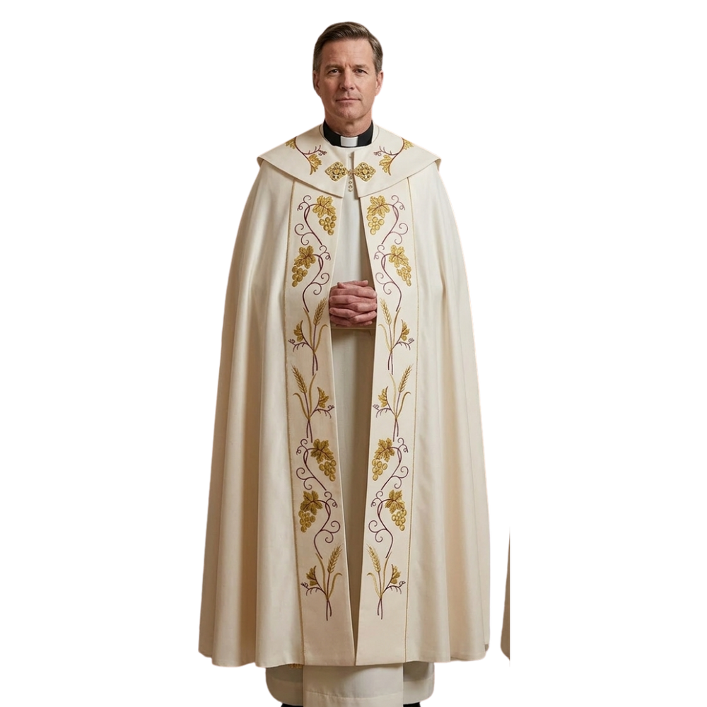 Cream Gothic Cope – IHS Embroidery (Lightweight Fabric | Includes Priest Stole)