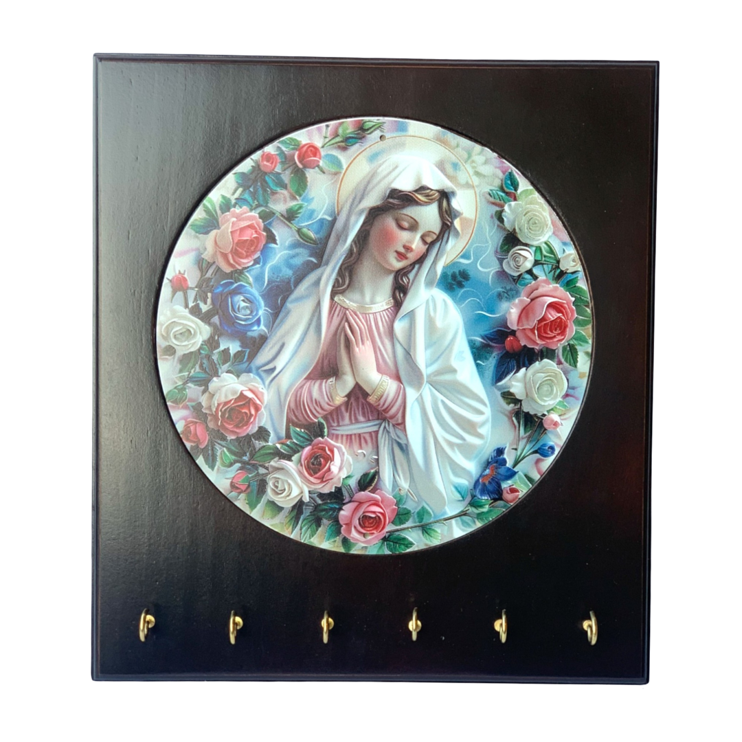 Our Lady Rosary Hanger – Wooden Plaque with 6 Hooks
