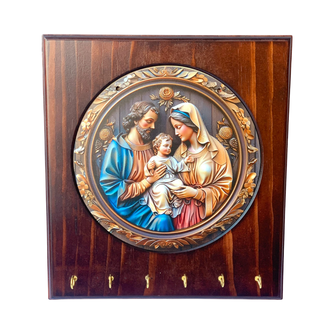 Holy Family Rosary Hanger – Wooden Plaque with 6 Hooks