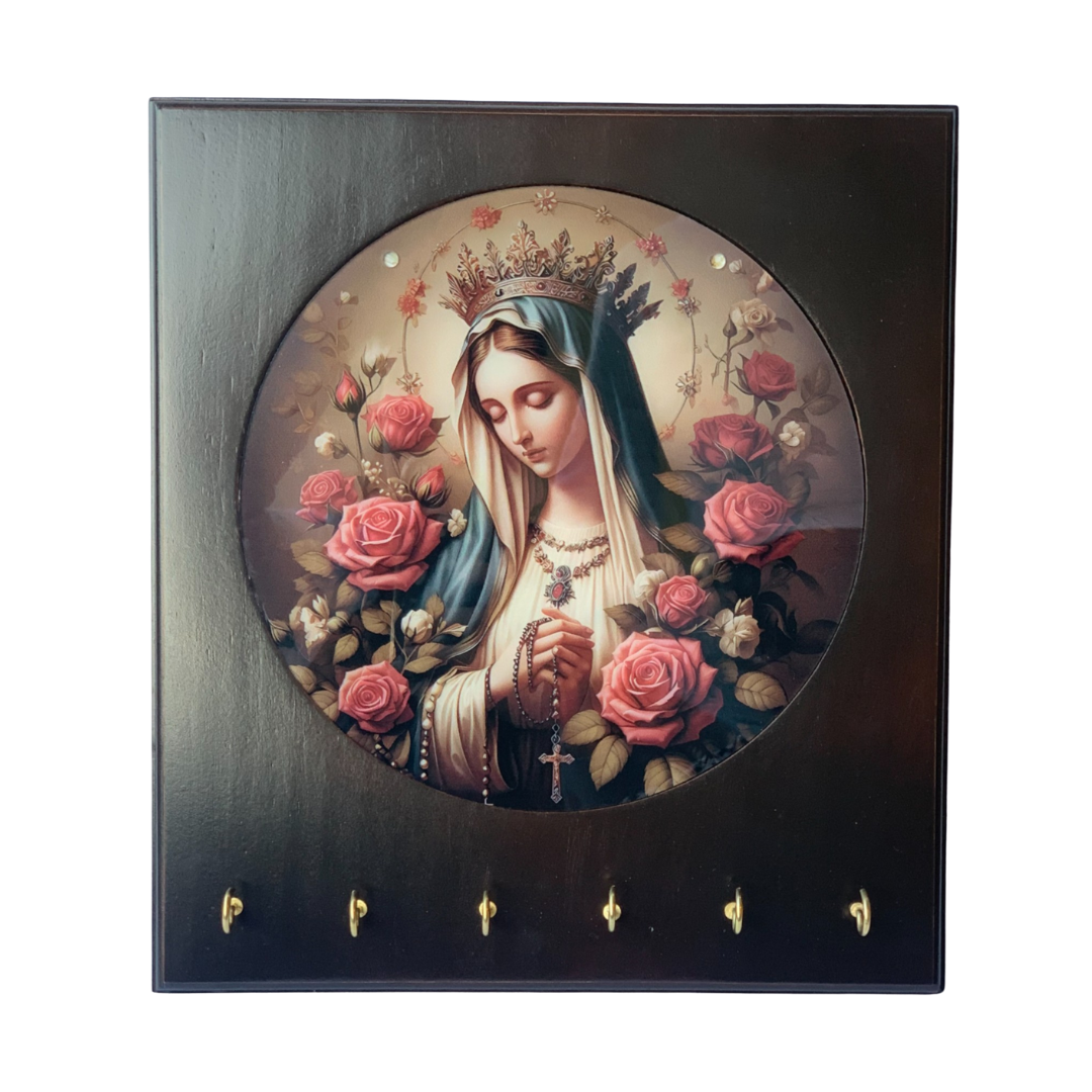 Queen Mother Rosary Hanger – Wooden Plaque with 6 Hooks