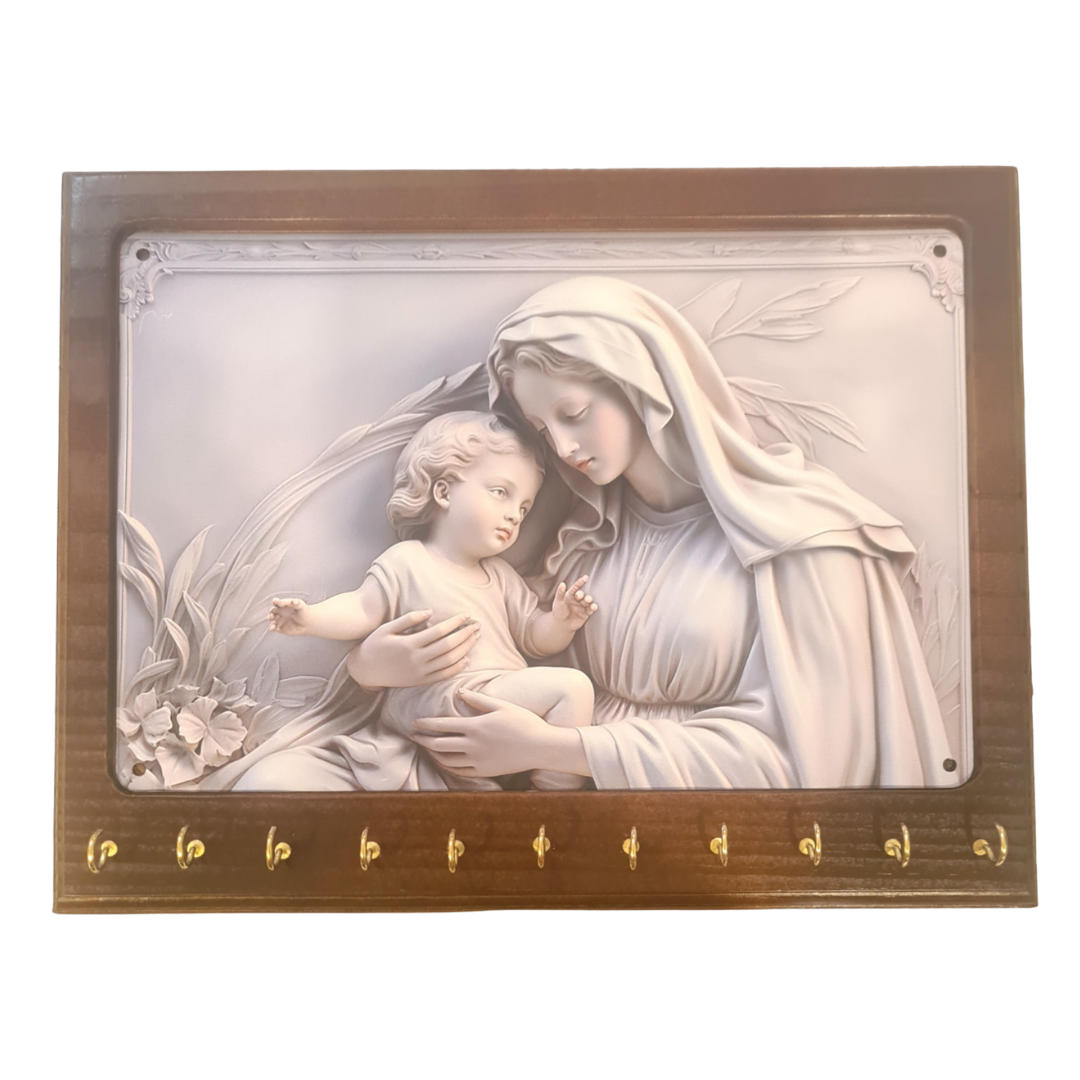 Mother and Child Rosary Hanger – Wooden Plaque with 10 Hooks (30 cm x 25 cm)