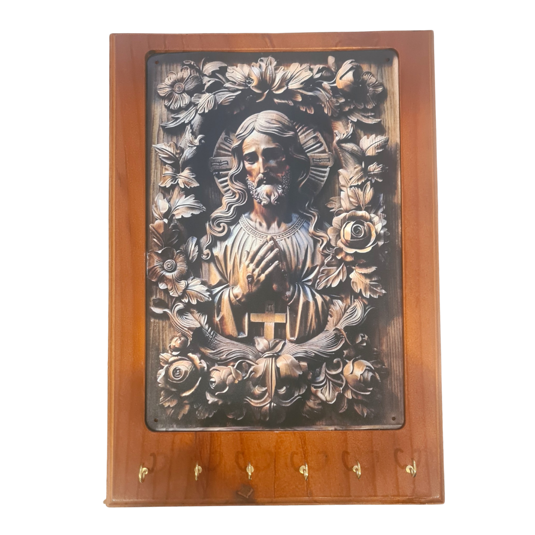 Sacred Heart Rosary Hanger – Wooden Wall Plaque with 6 Hooks