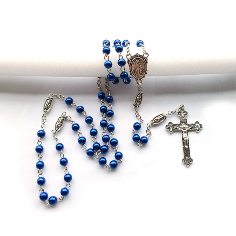 Navy Blue Glass Pearl Rosary with Guadalupe Charm